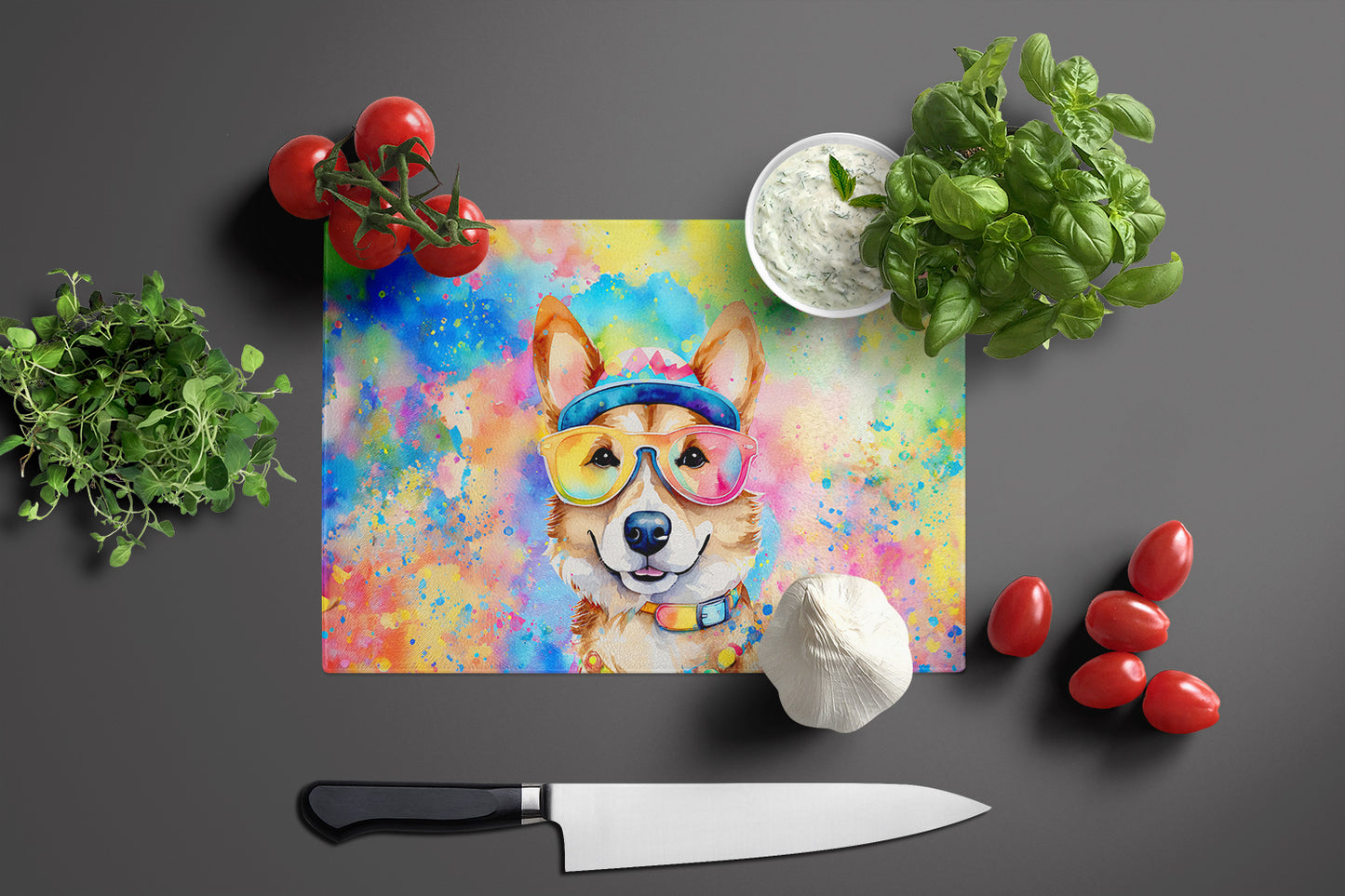 Corgi Hippie Dawg Glass Cutting Board