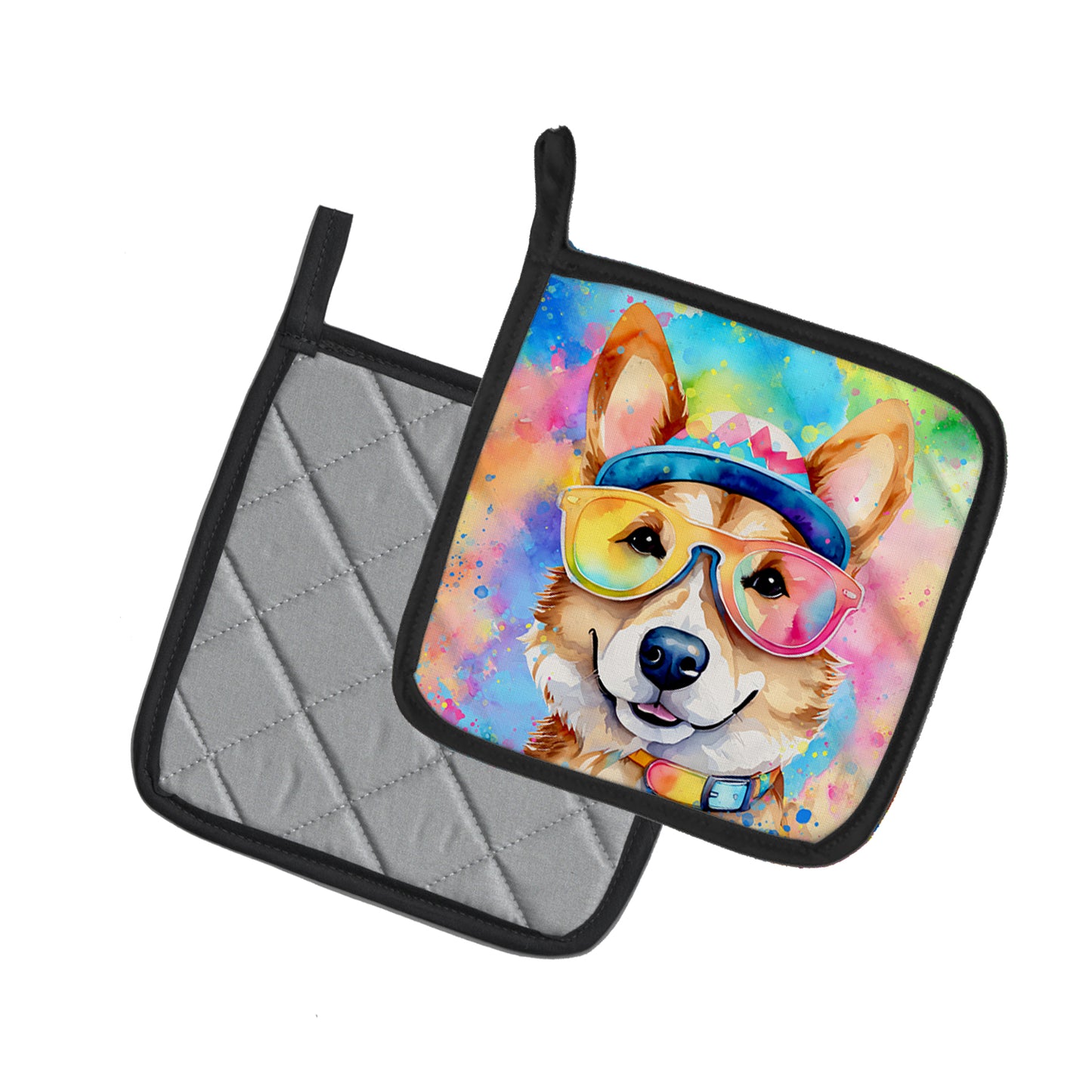 Corgi Hippie Dawg Pair of Pot Holders