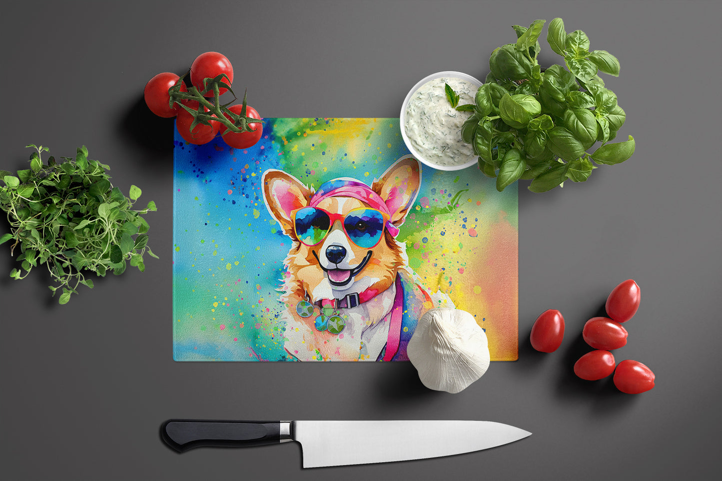 Corgi Hippie Dawg Glass Cutting Board