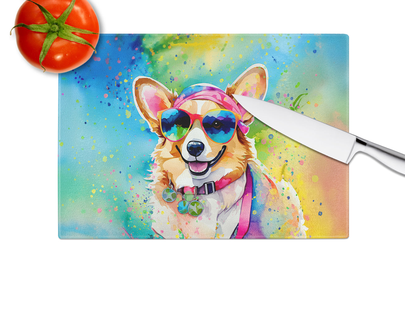 Corgi Hippie Dawg Glass Cutting Board