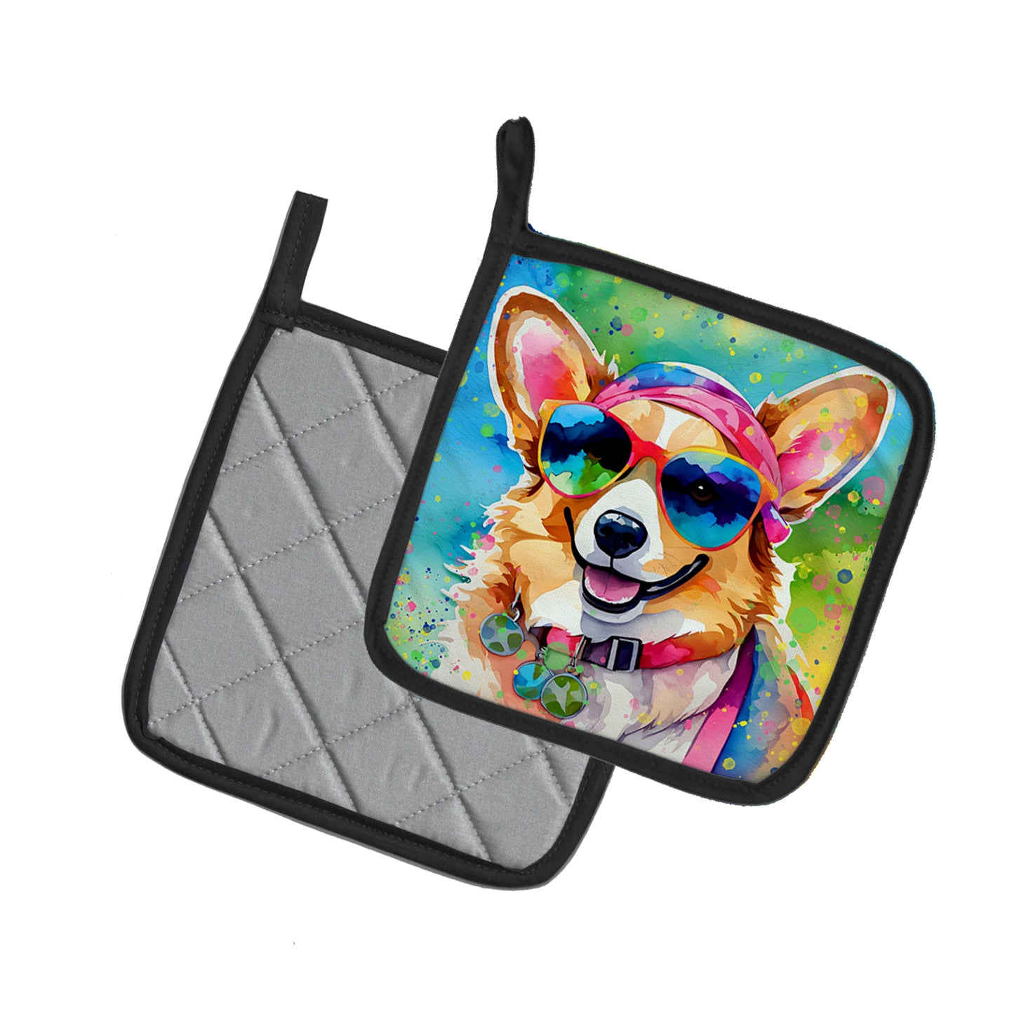 Corgi Hippie Dawg Pair of Pot Holders