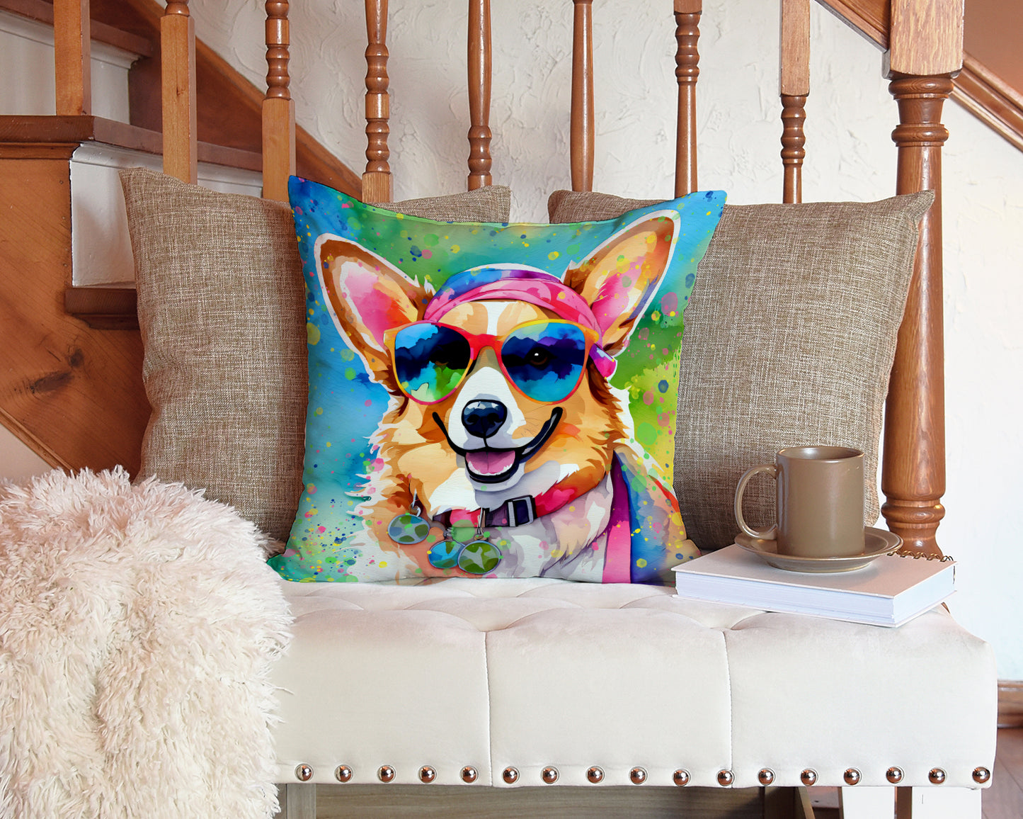 Corgi Hippie Dawg Throw Pillow