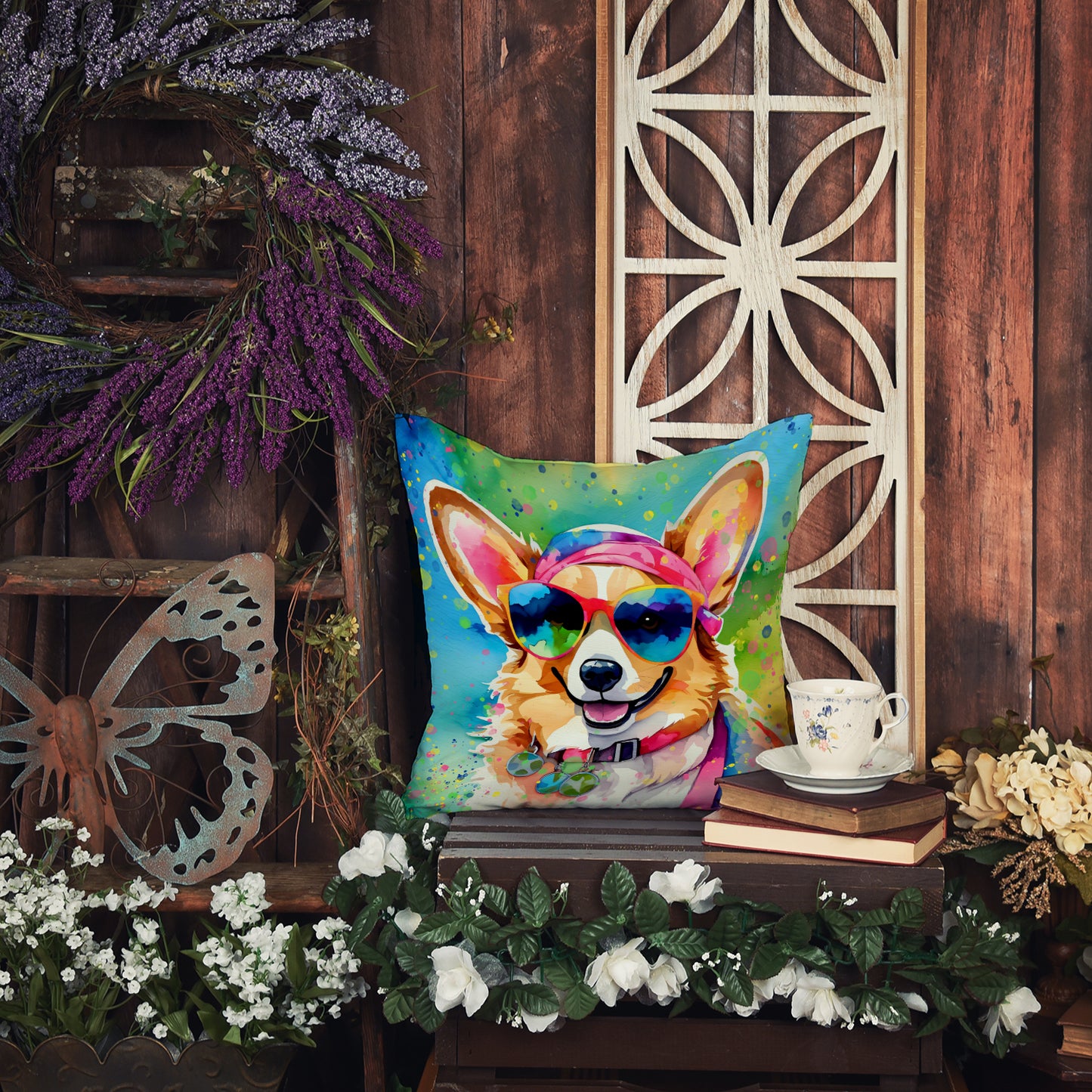 Corgi Hippie Dawg Throw Pillow