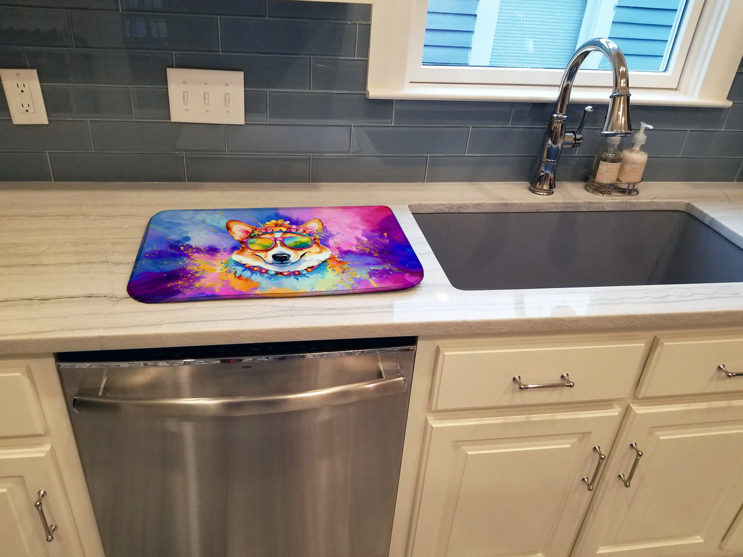 Corgi Hippie Dawg Dish Drying Mat