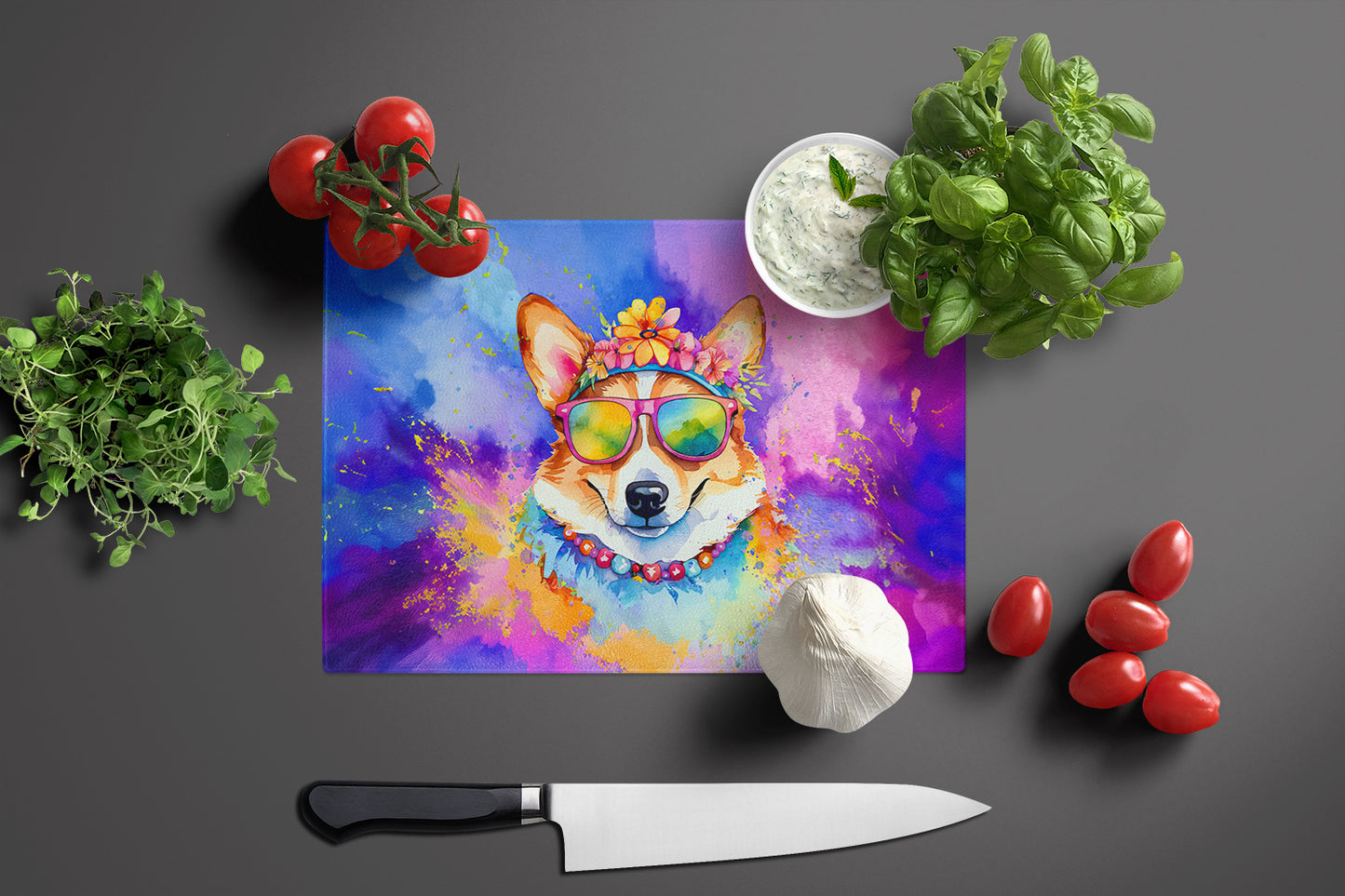 Corgi Hippie Dawg Glass Cutting Board