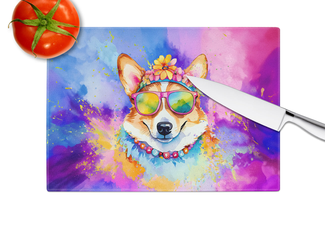 Corgi Hippie Dawg Glass Cutting Board