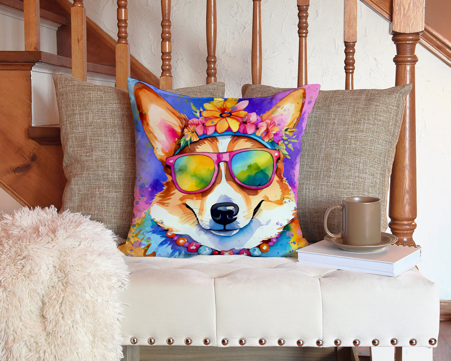 Corgi Hippie Dawg Throw Pillow