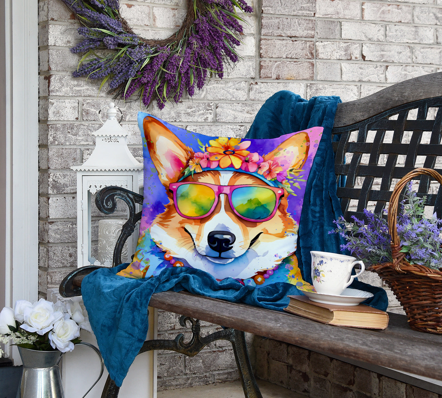 Corgi Hippie Dawg Throw Pillow