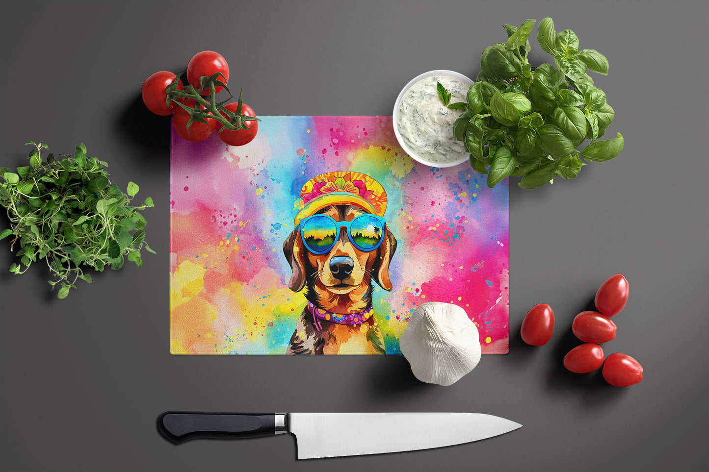 Dachshund Hippie Dawg Glass Cutting Board