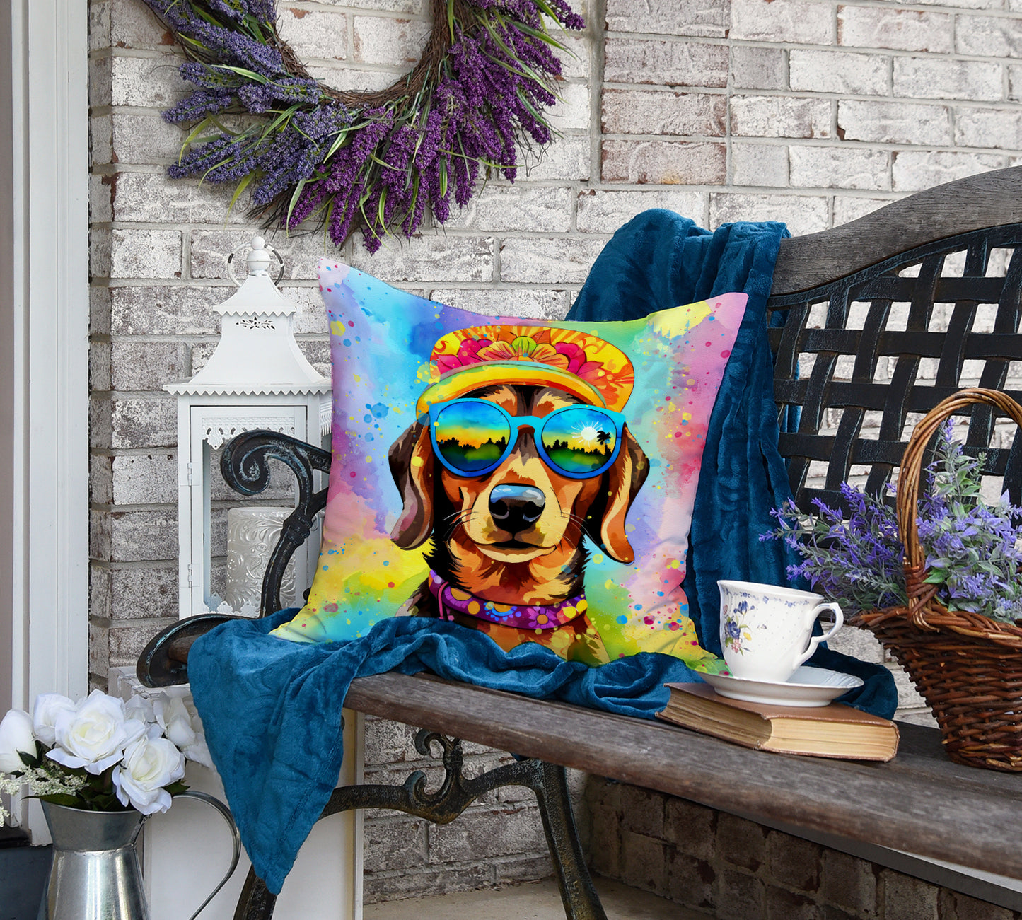 Dachshund Hippie Dawg Throw Pillow