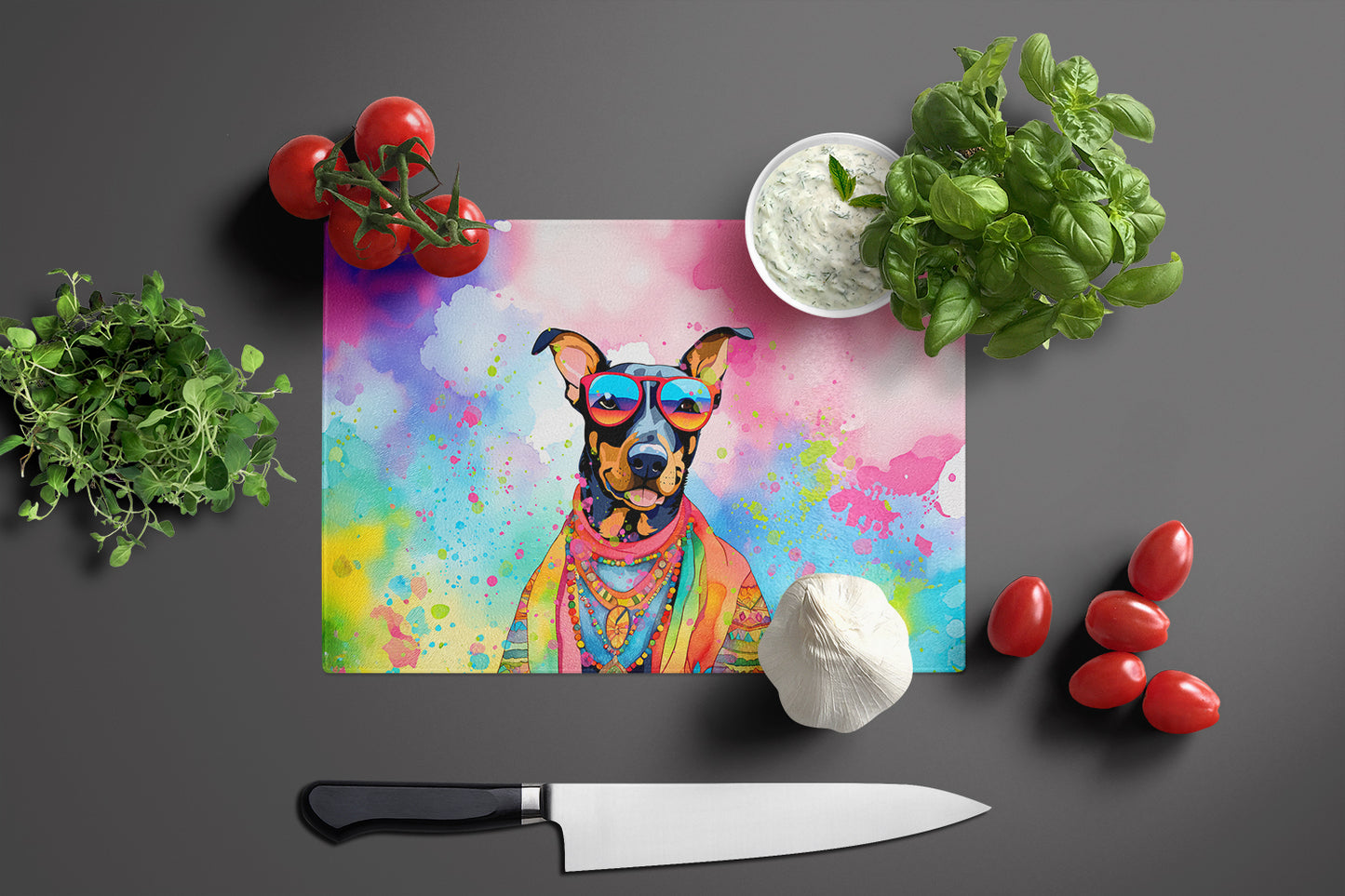 Doberman Pinscher Hippie Dawg Glass Cutting Board