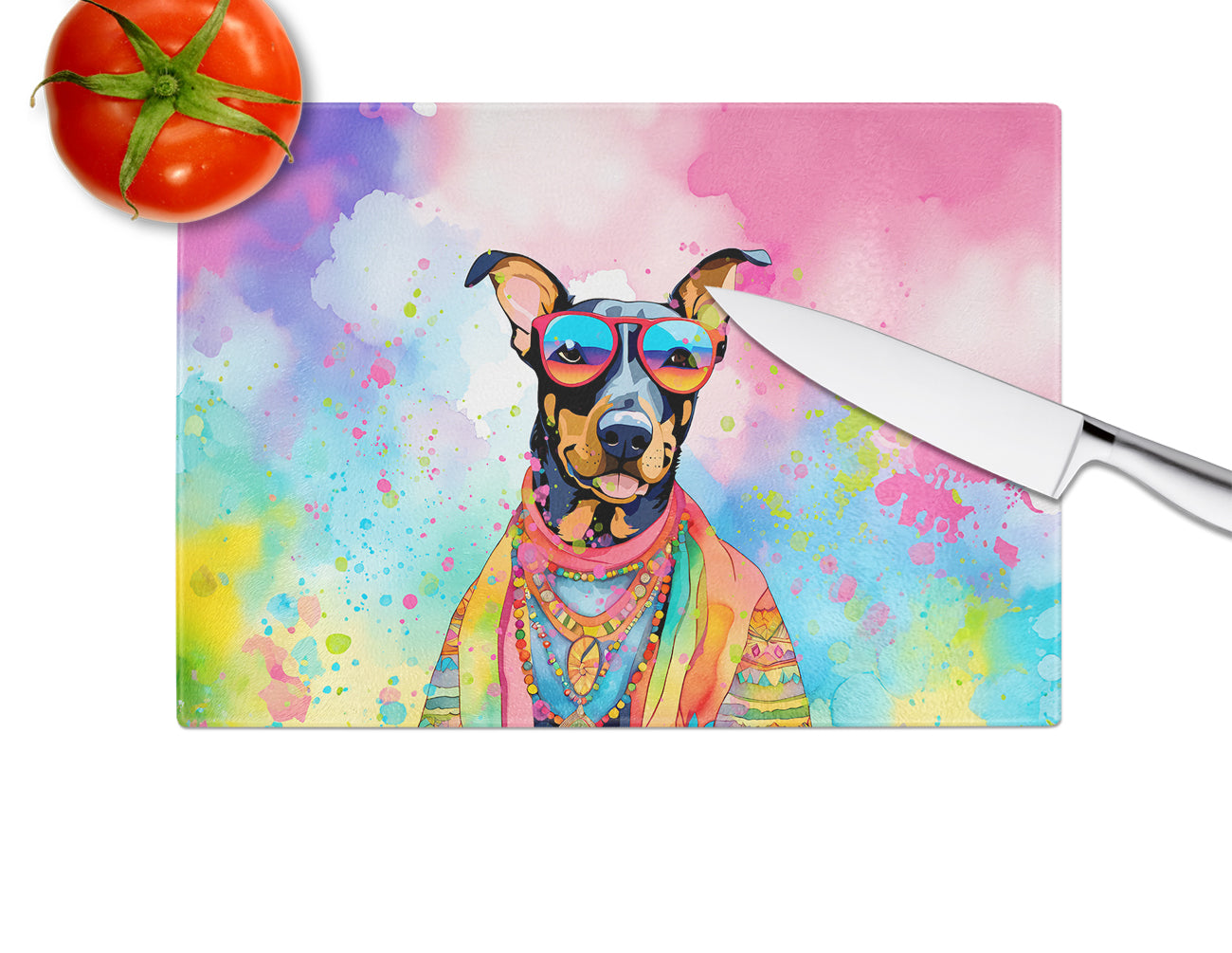 Doberman Pinscher Hippie Dawg Glass Cutting Board