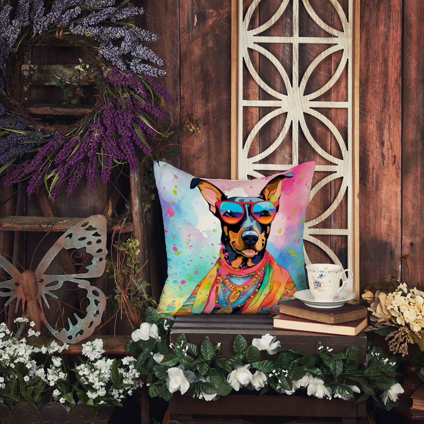 Doberman Pinscher Hippie Dawg Throw Pillow