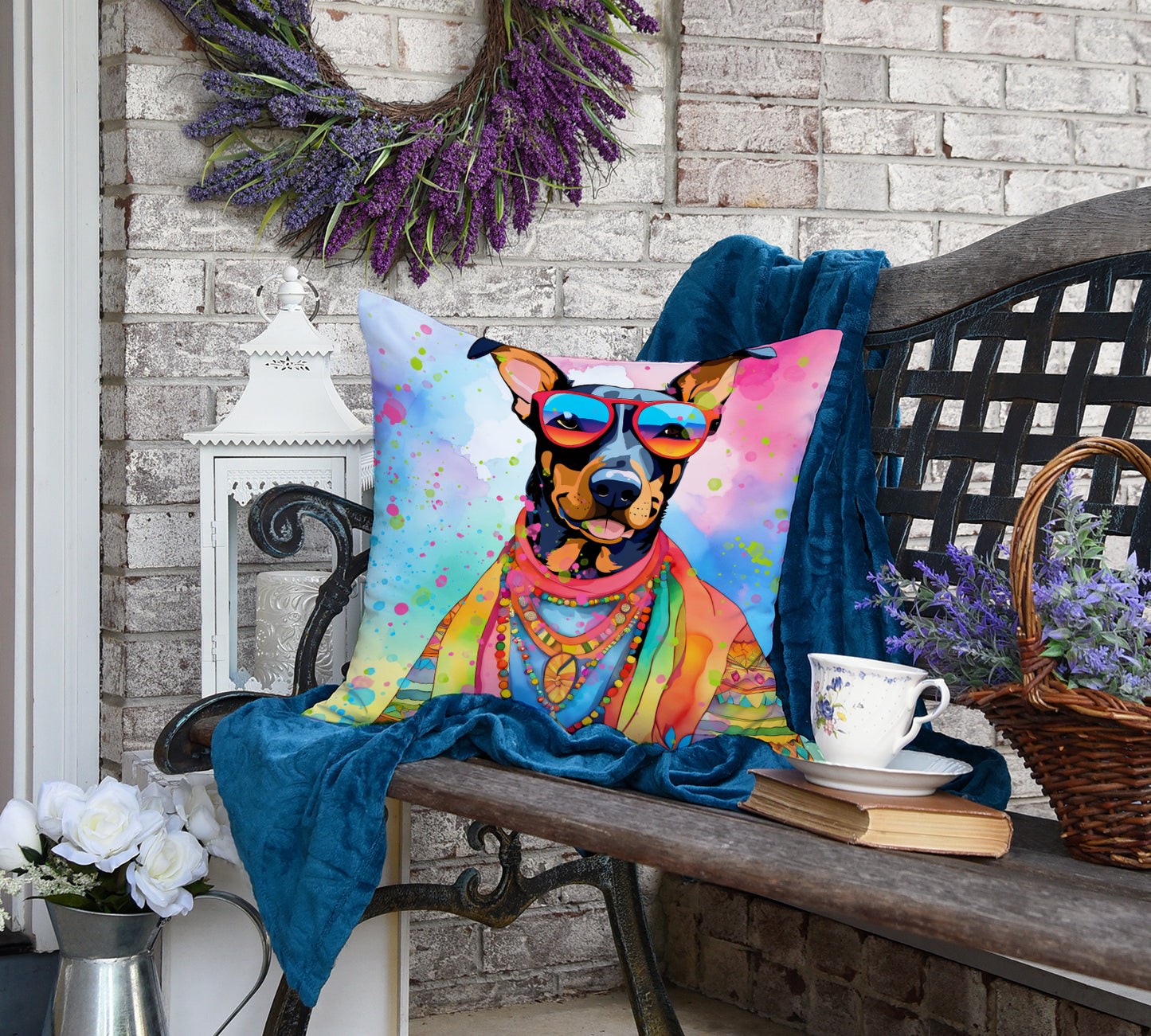 Doberman Pinscher Hippie Dawg Throw Pillow