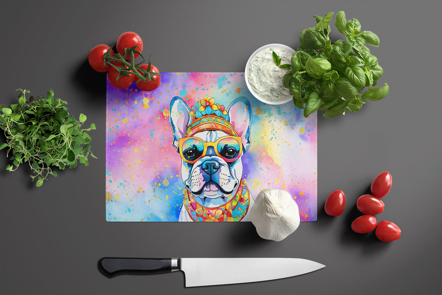 French Bulldog Hippie Dawg Glass Cutting Board