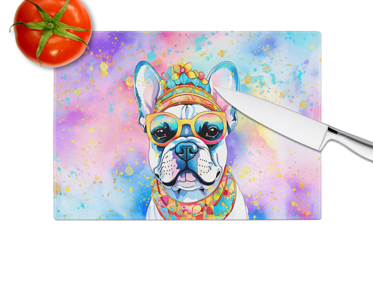 French Bulldog Hippie Dawg Glass Cutting Board