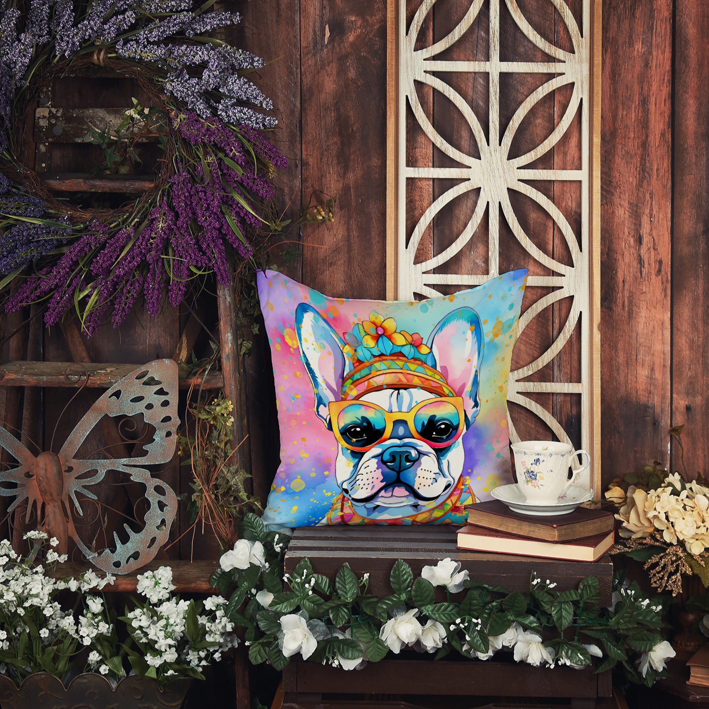 French Bulldog Hippie Dawg Throw Pillow