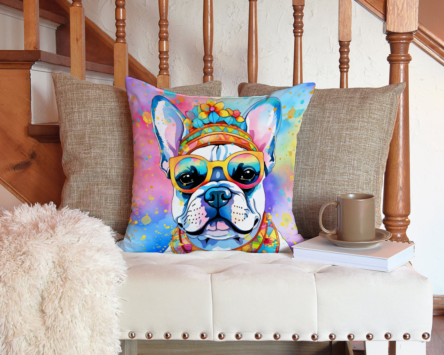 French Bulldog Hippie Dawg Throw Pillow