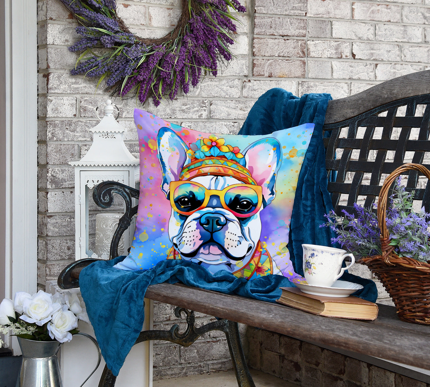 French Bulldog Hippie Dawg Throw Pillow