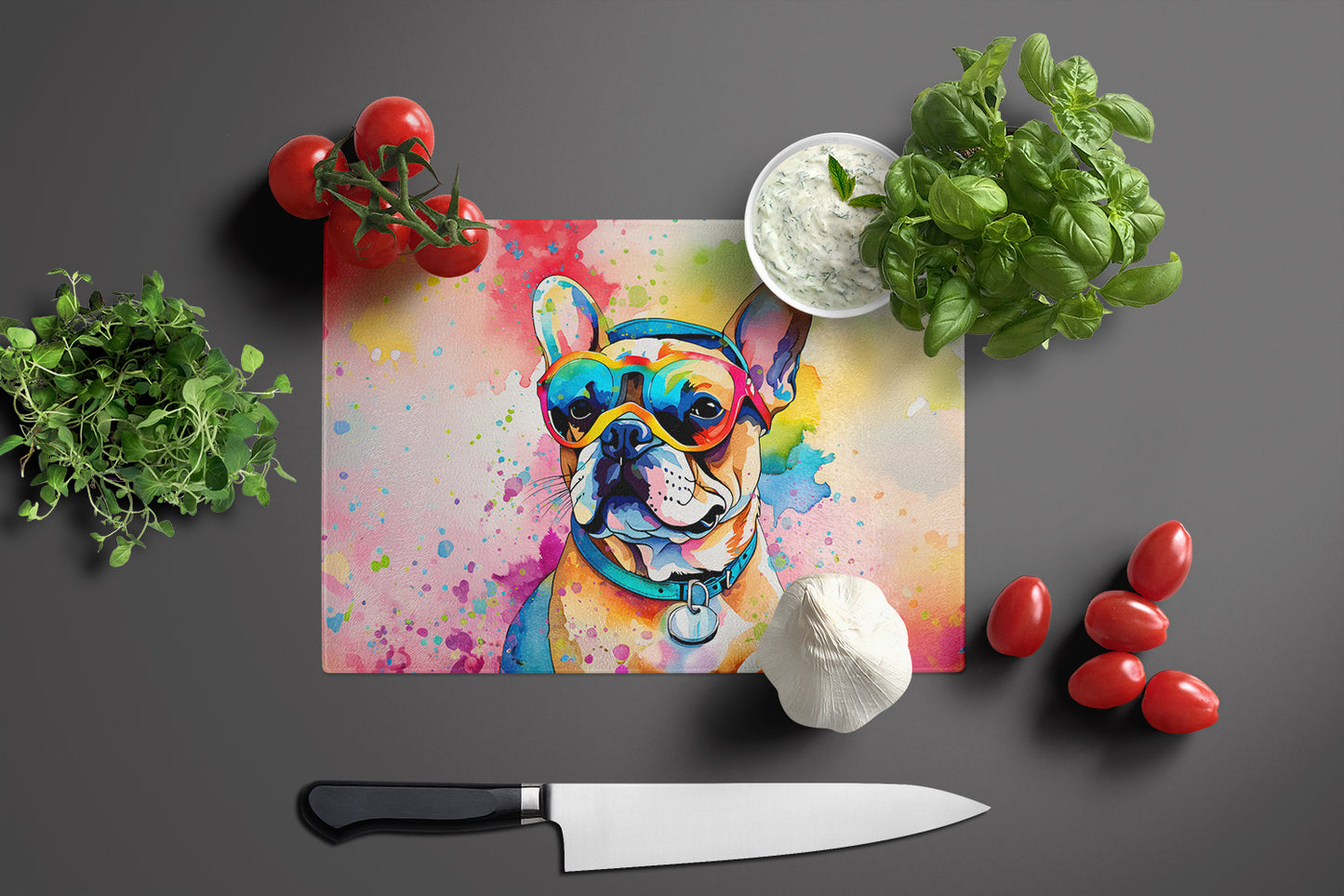 French Bulldog Hippie Dawg Glass Cutting Board