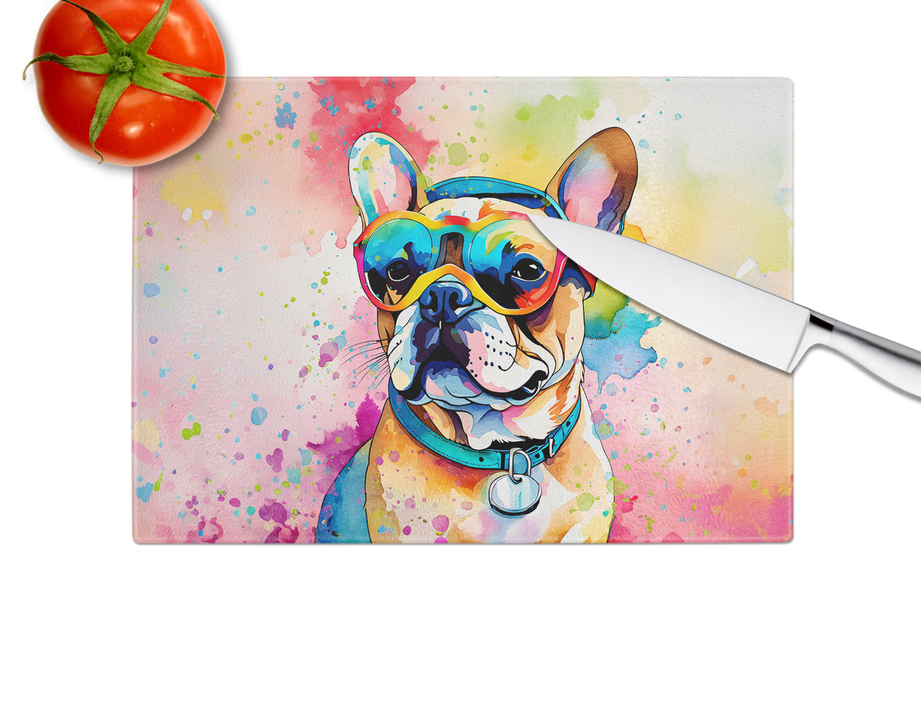 French Bulldog Hippie Dawg Glass Cutting Board