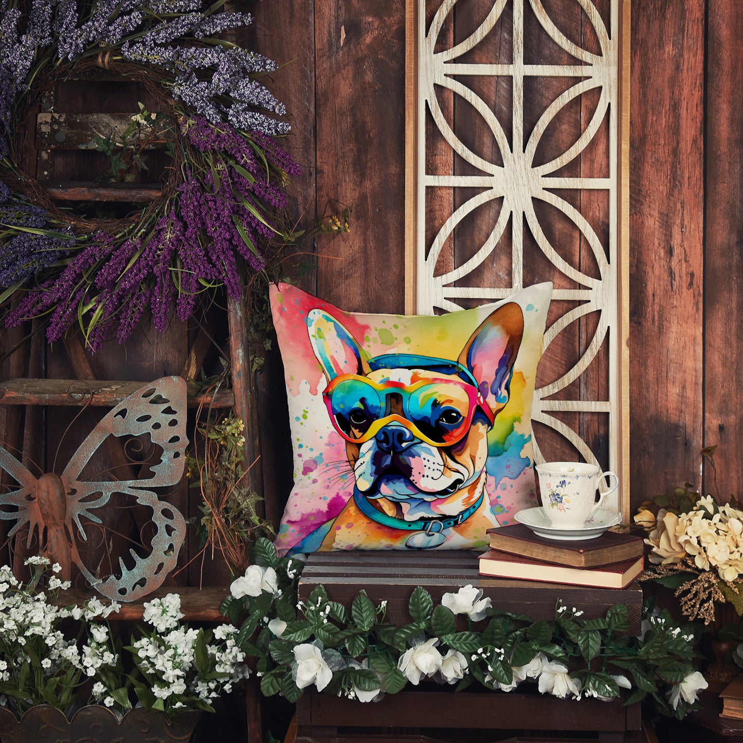 French Bulldog Hippie Dawg Throw Pillow