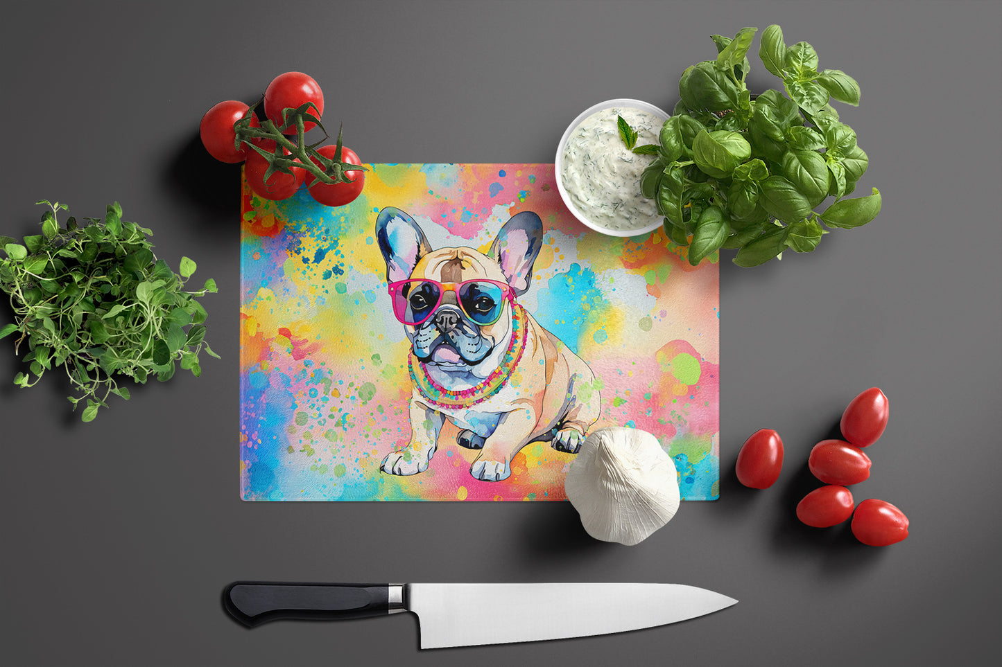 French Bulldog Hippie Dawg Glass Cutting Board