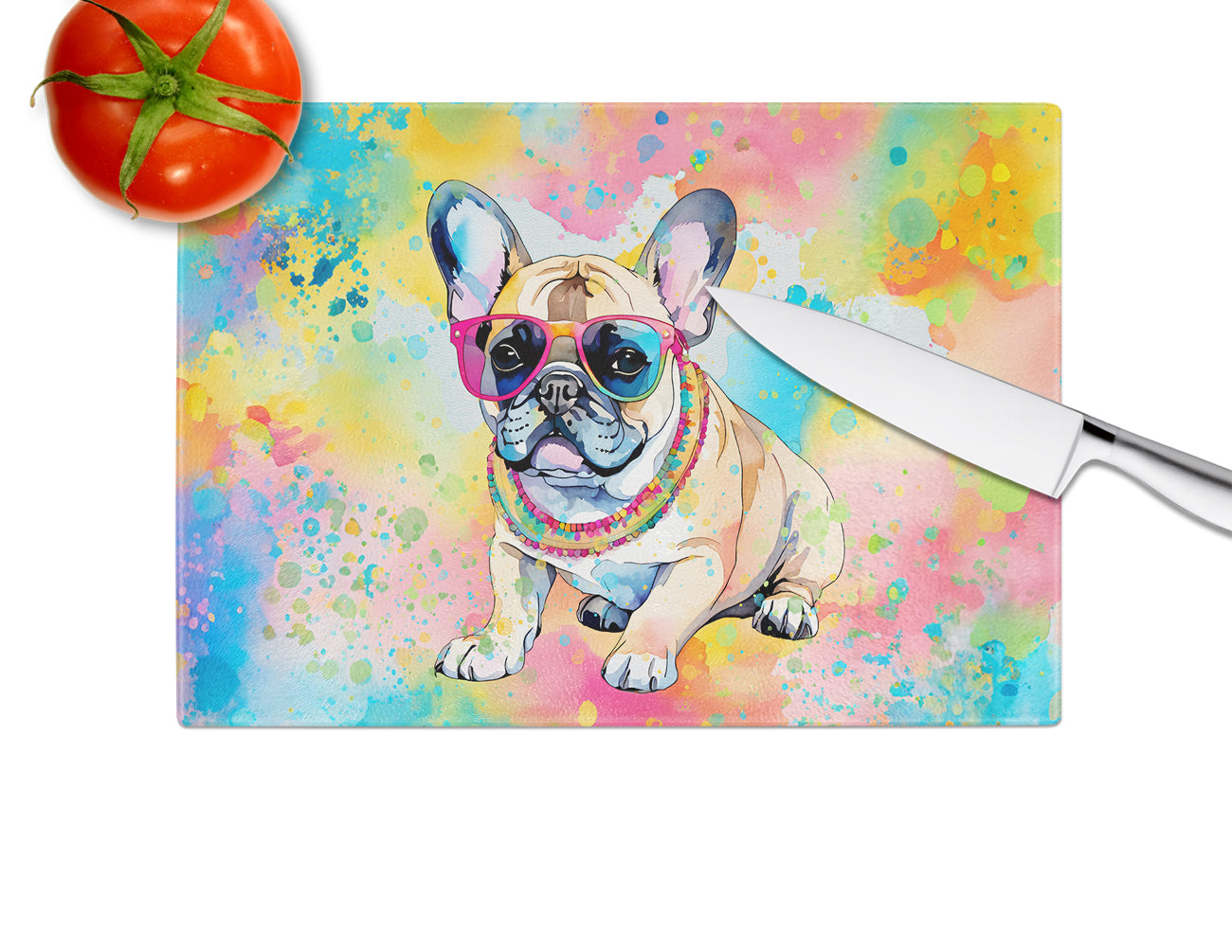 French Bulldog Hippie Dawg Glass Cutting Board