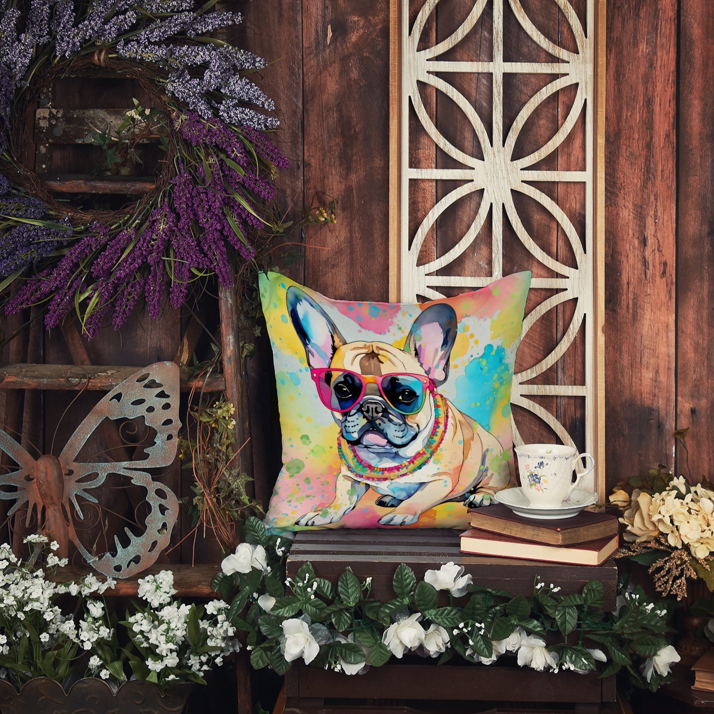 French Bulldog Hippie Dawg Throw Pillow