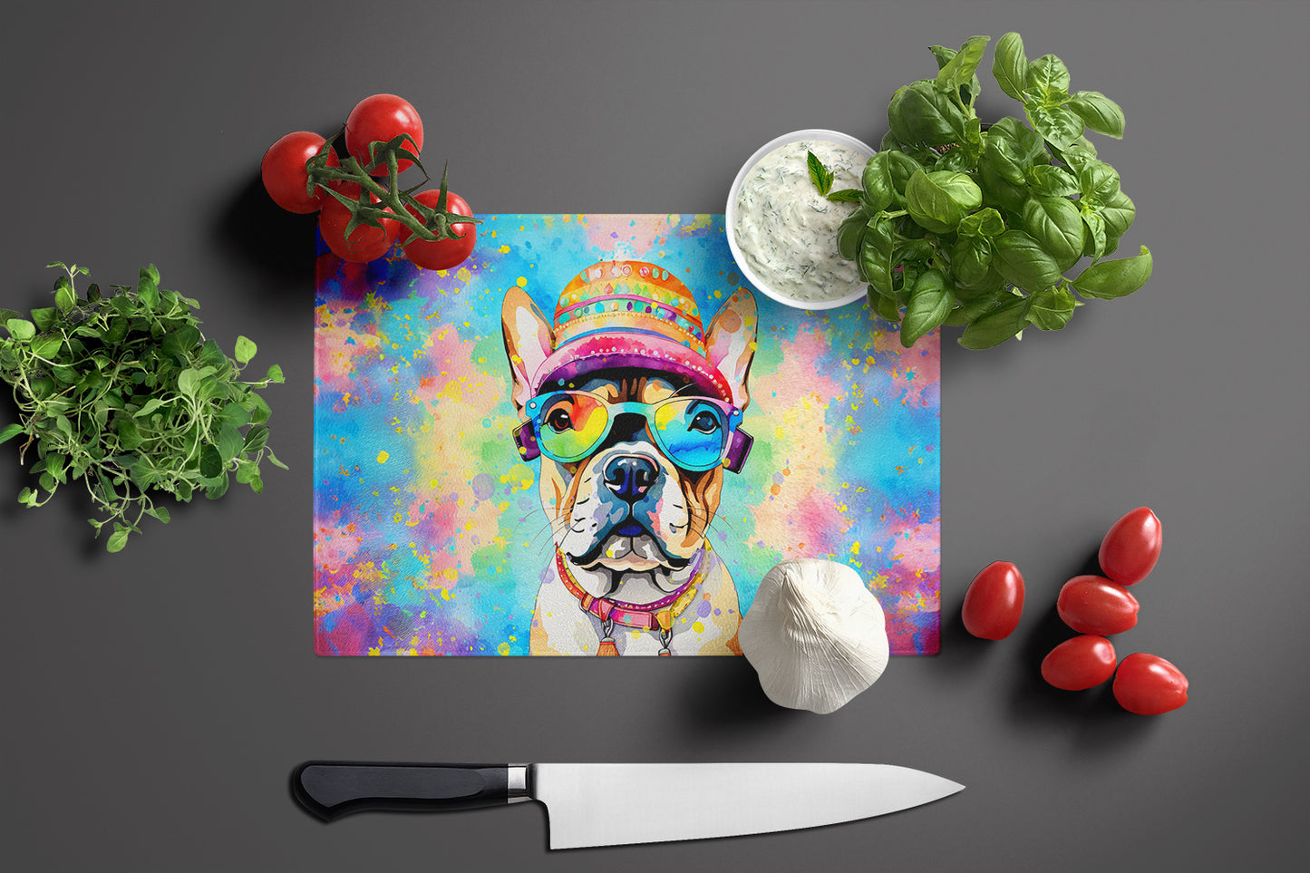 French Bulldog Hippie Dawg Glass Cutting Board