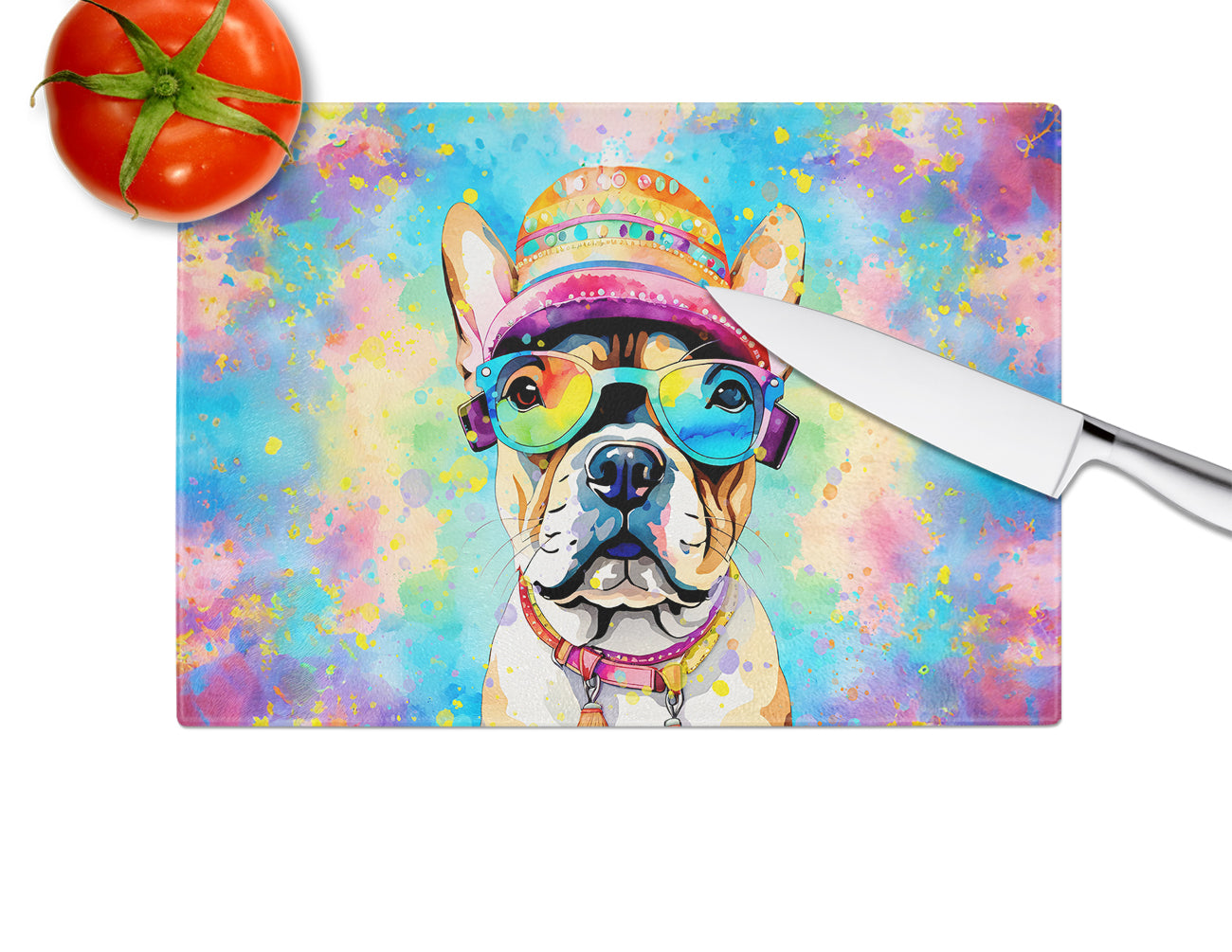 French Bulldog Hippie Dawg Glass Cutting Board