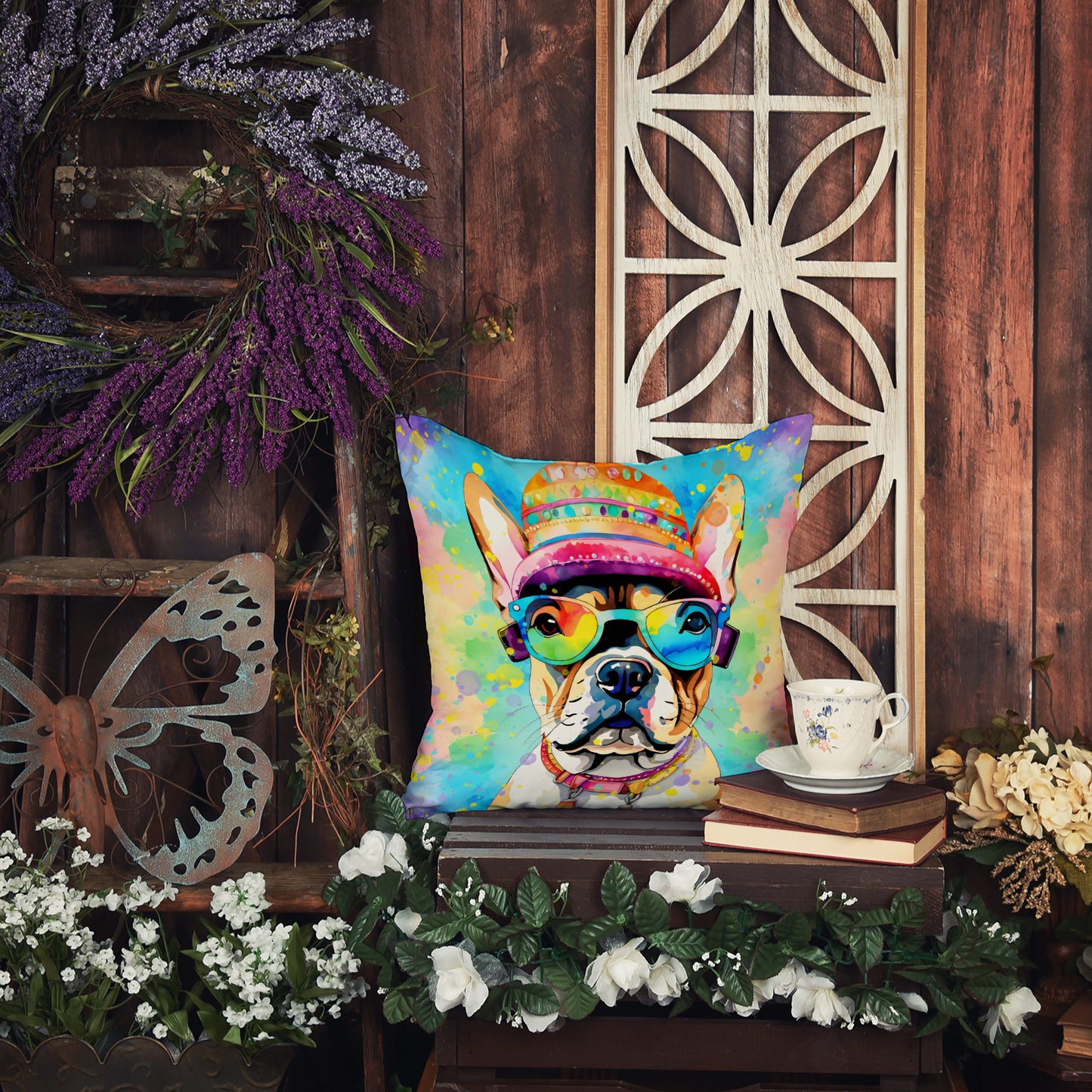 French Bulldog Hippie Dawg Throw Pillow