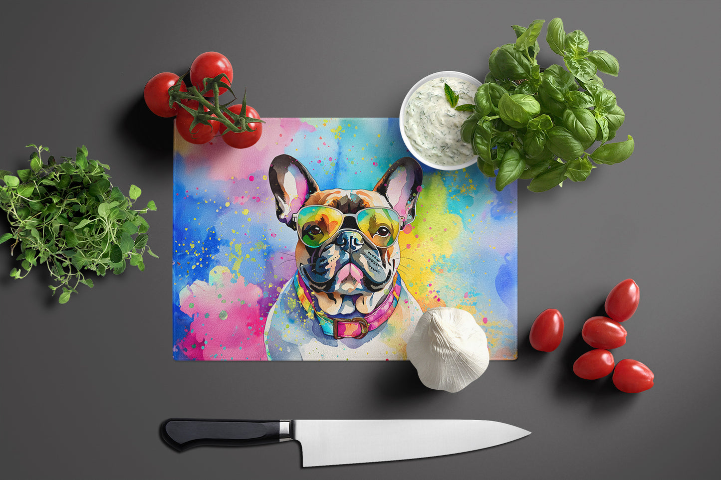 French Bulldog Hippie Dawg Glass Cutting Board