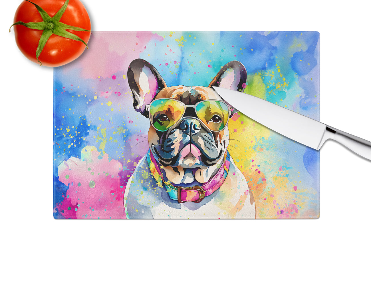 French Bulldog Hippie Dawg Glass Cutting Board