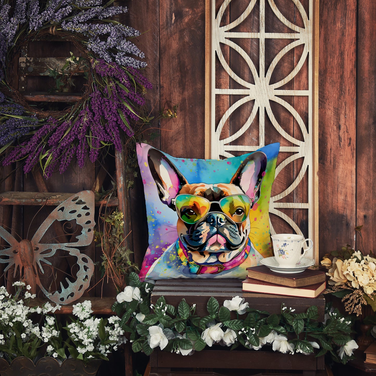 French Bulldog Hippie Dawg Throw Pillow