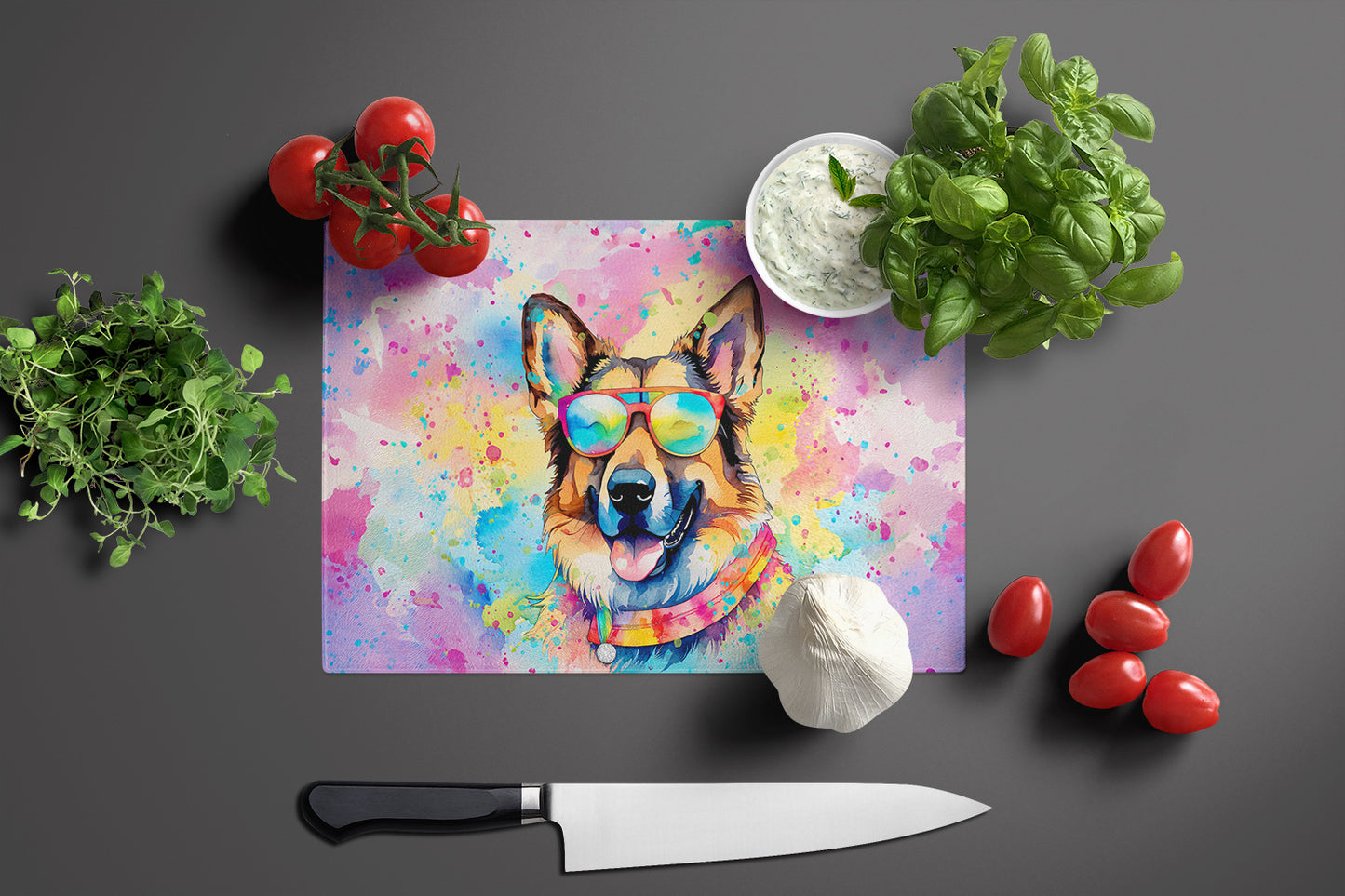 German Shepherd Hippie Dawg Glass Cutting Board