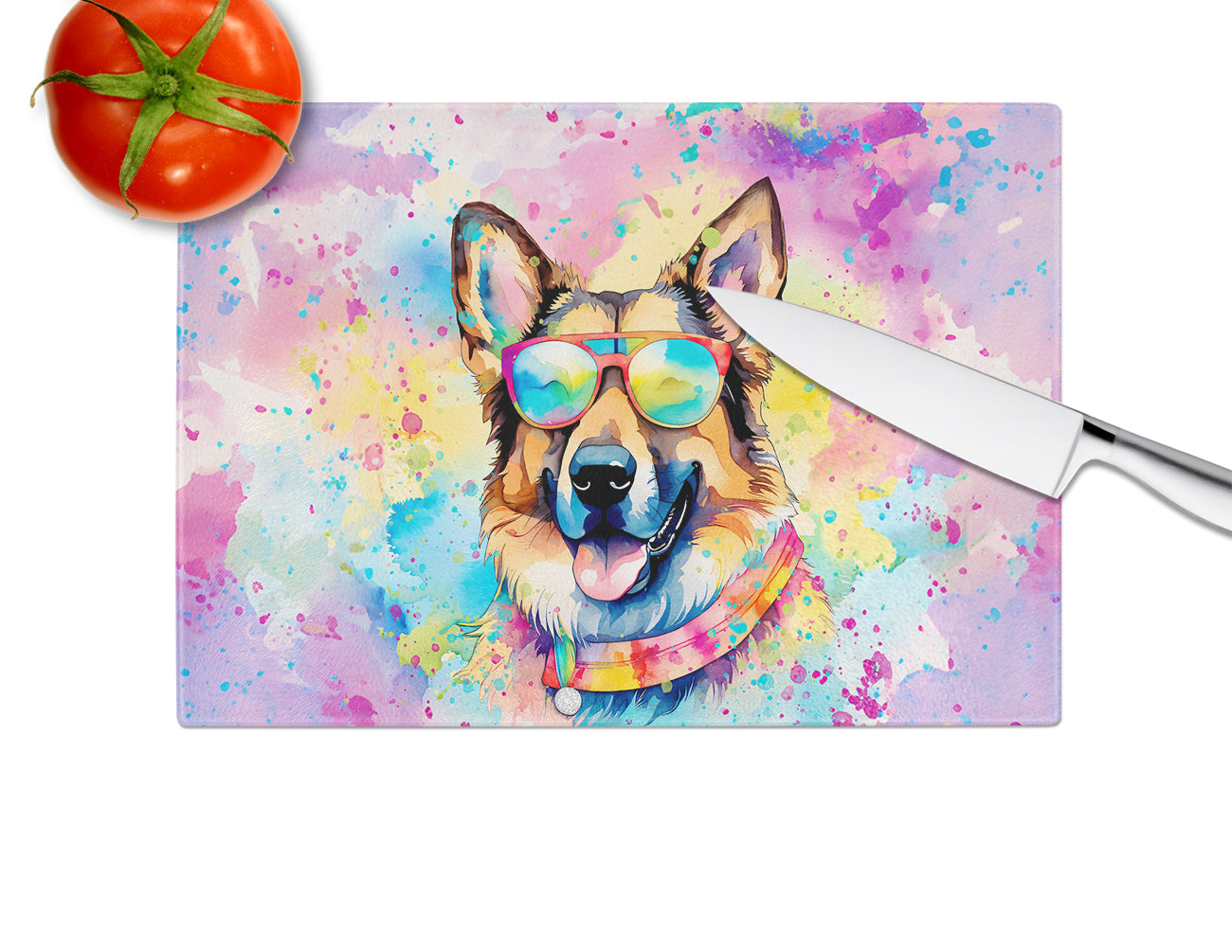 German Shepherd Hippie Dawg Glass Cutting Board