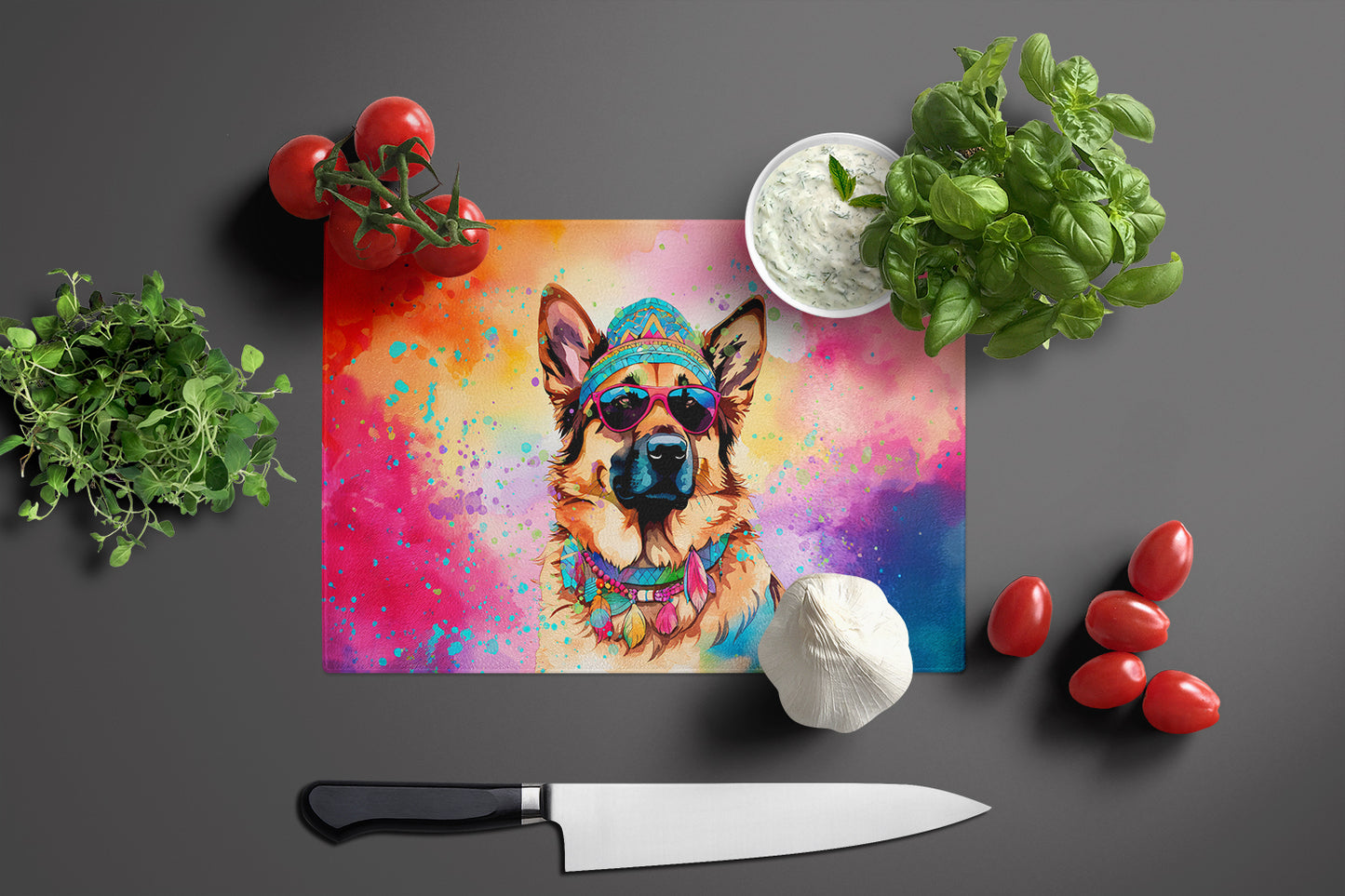 German Shepherd Hippie Dawg Glass Cutting Board