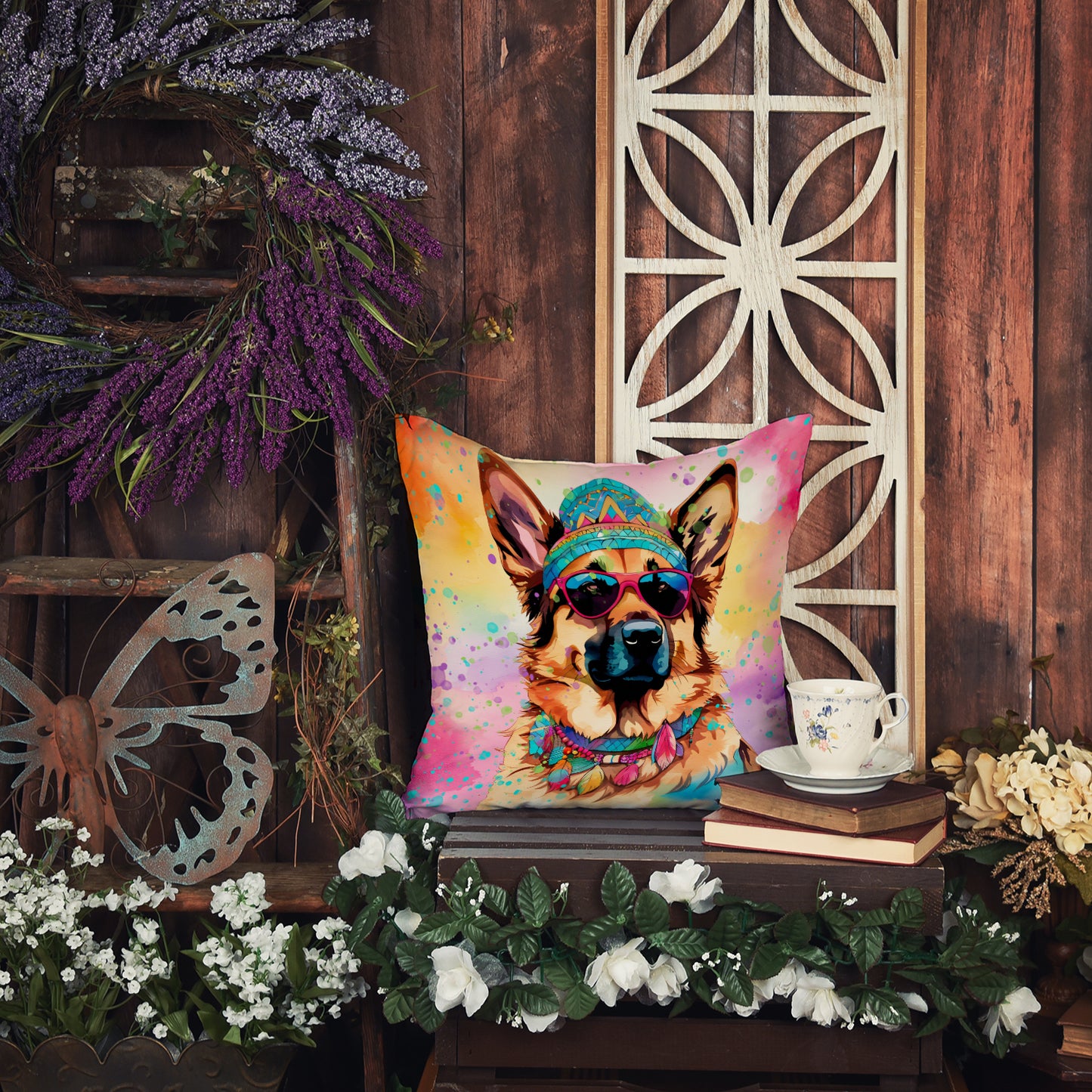 German Shepherd Hippie Dawg Throw Pillow