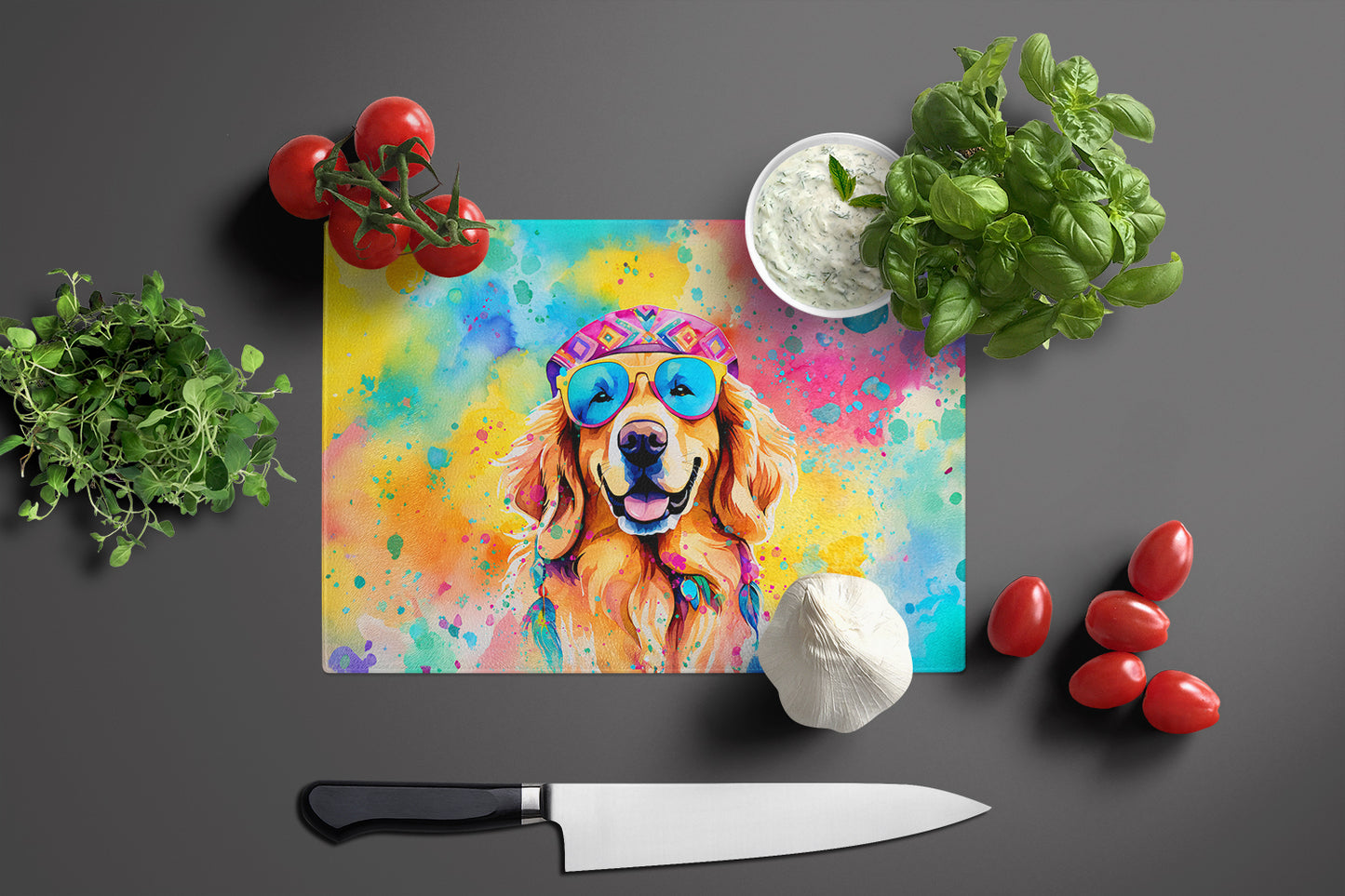 Golden Retriever Hippie Dawg Glass Cutting Board