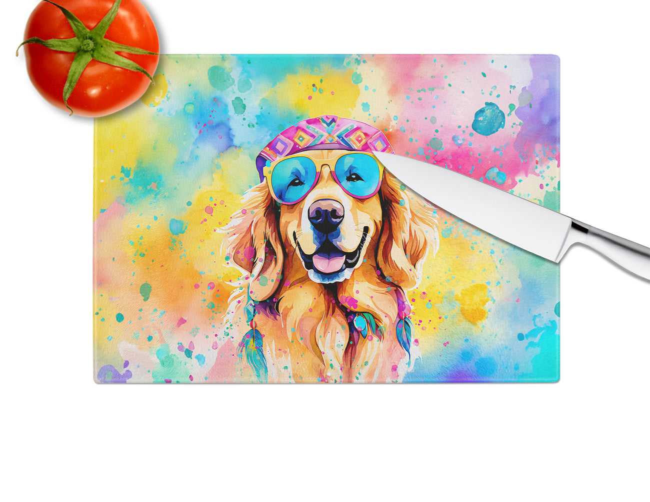 Golden Retriever Hippie Dawg Glass Cutting Board