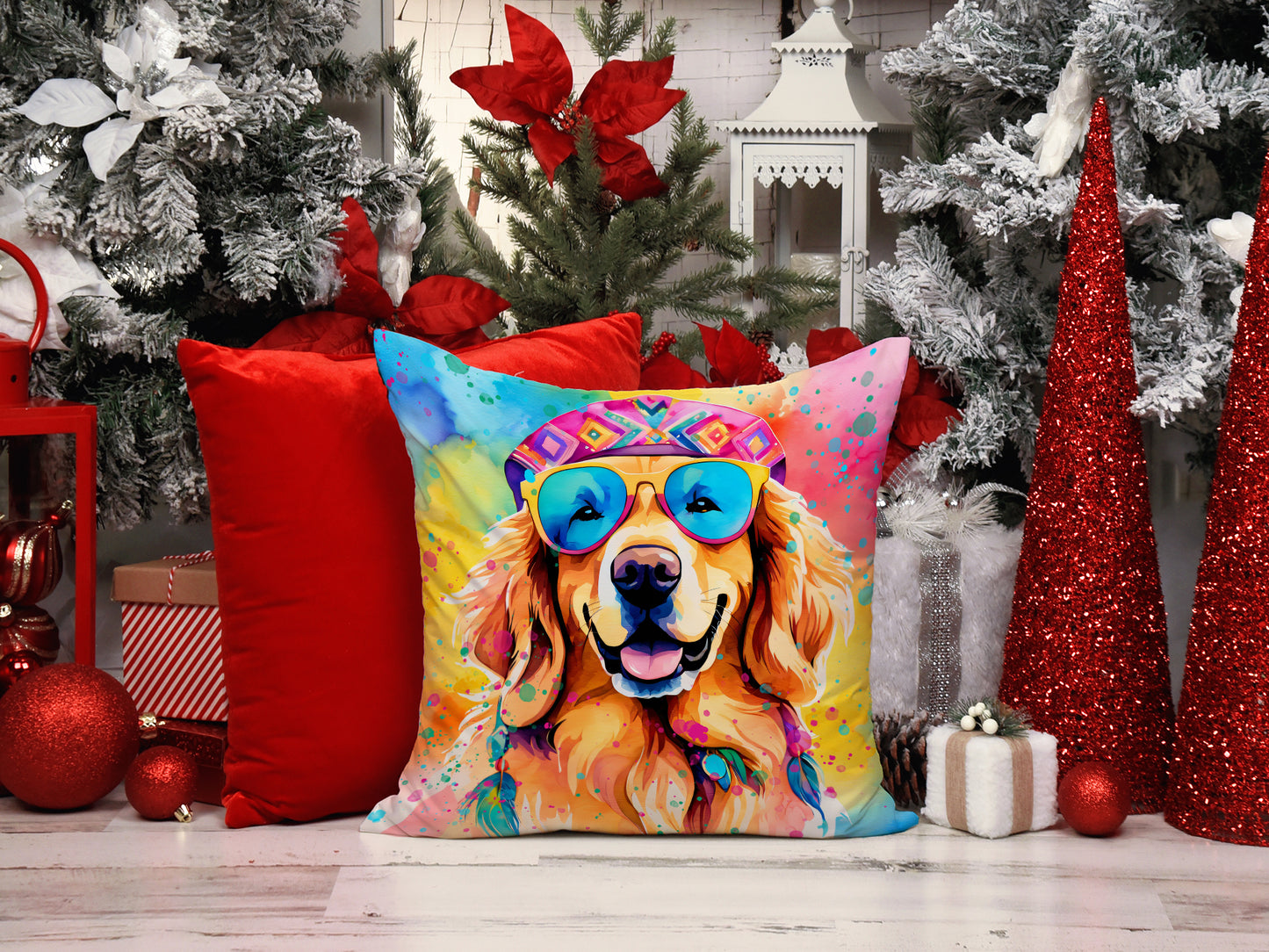 Golden Retriever Hippie Dawg Throw Pillow