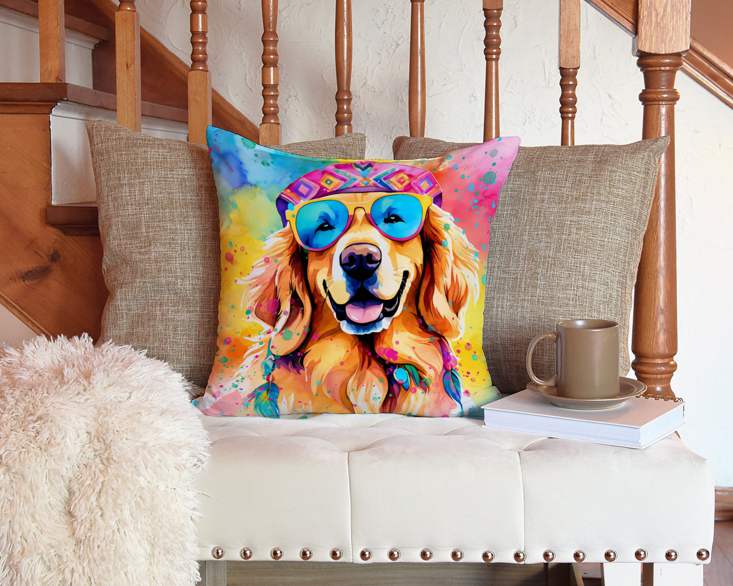 Golden Retriever Hippie Dawg Throw Pillow