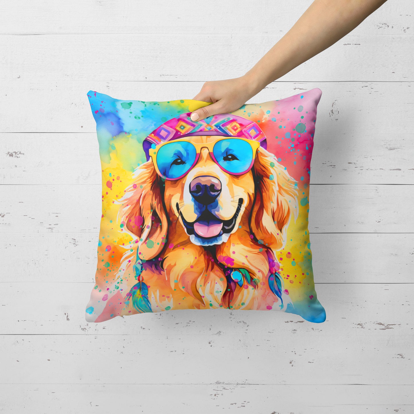 Golden Retriever Hippie Dawg Throw Pillow