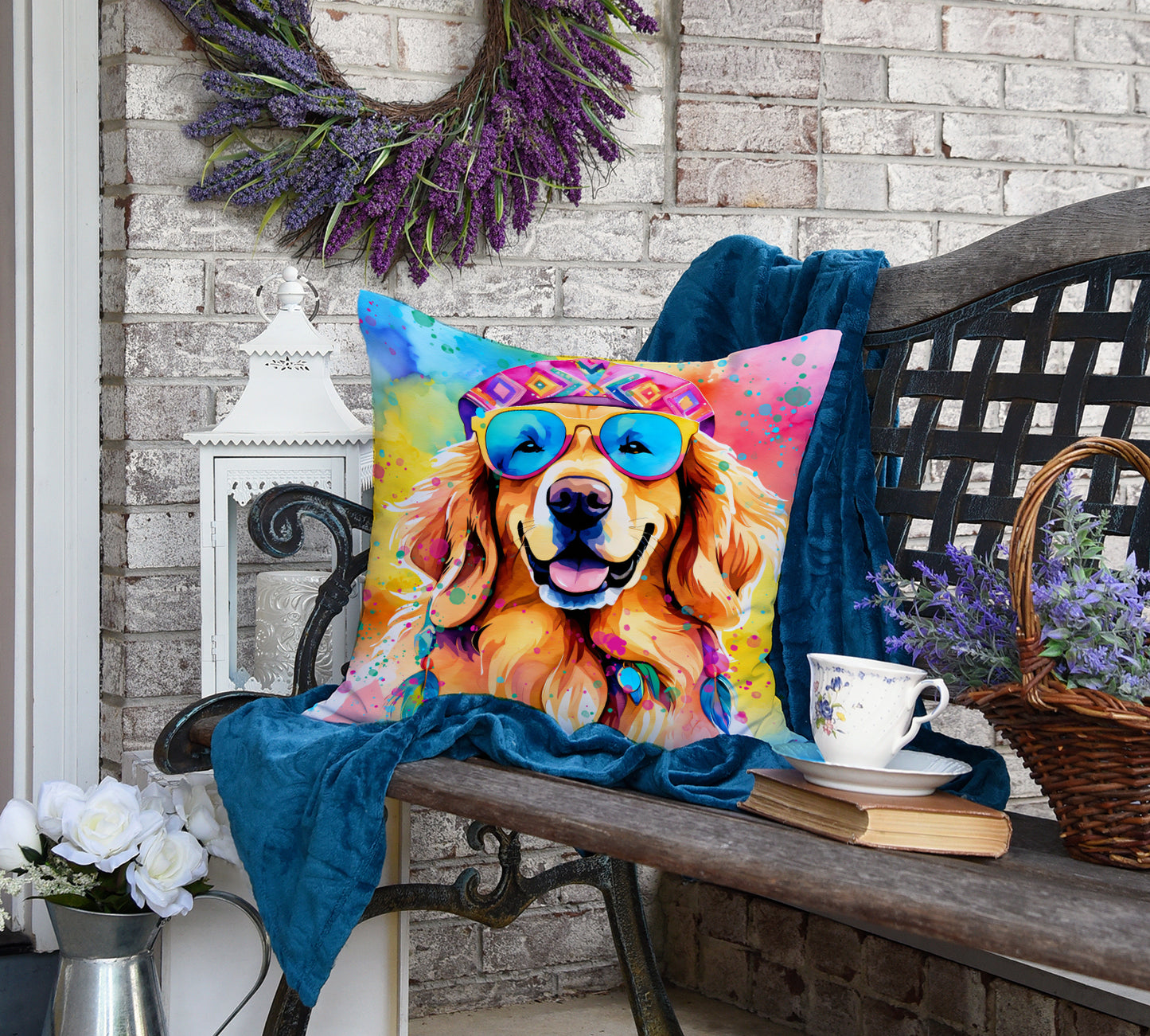 Golden Retriever Hippie Dawg Throw Pillow