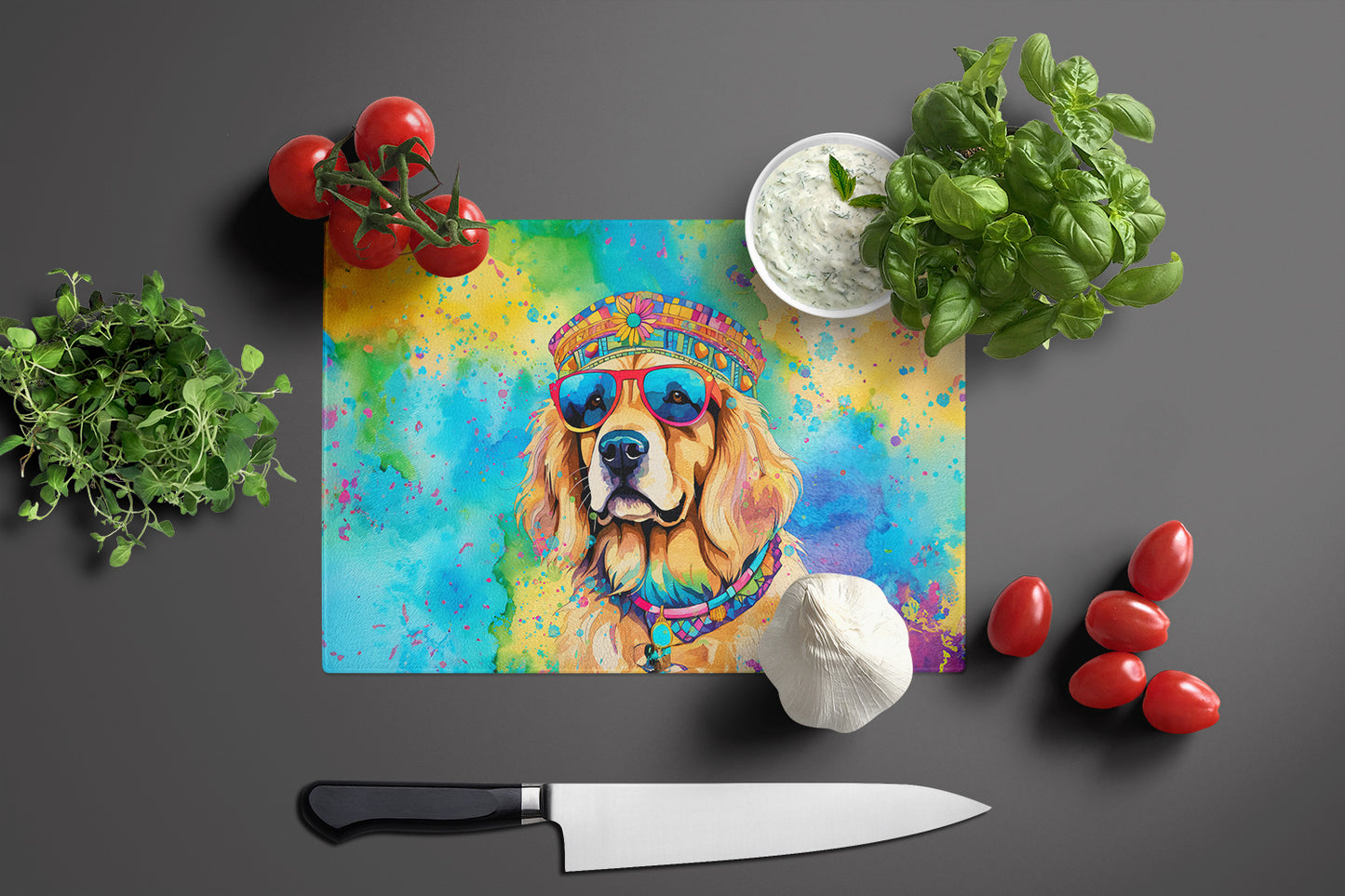 Golden Retriever Hippie Dawg Glass Cutting Board