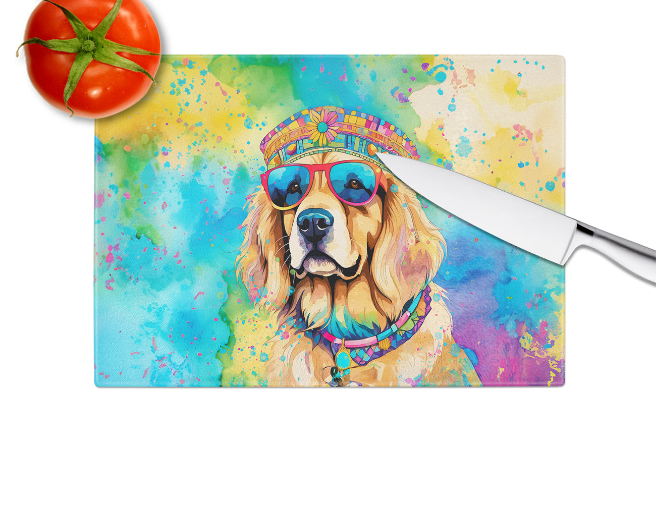 Golden Retriever Hippie Dawg Glass Cutting Board