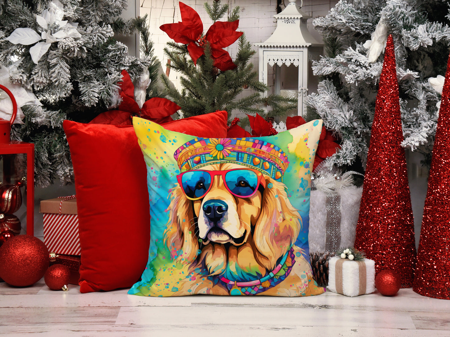 Golden Retriever Hippie Dawg Throw Pillow