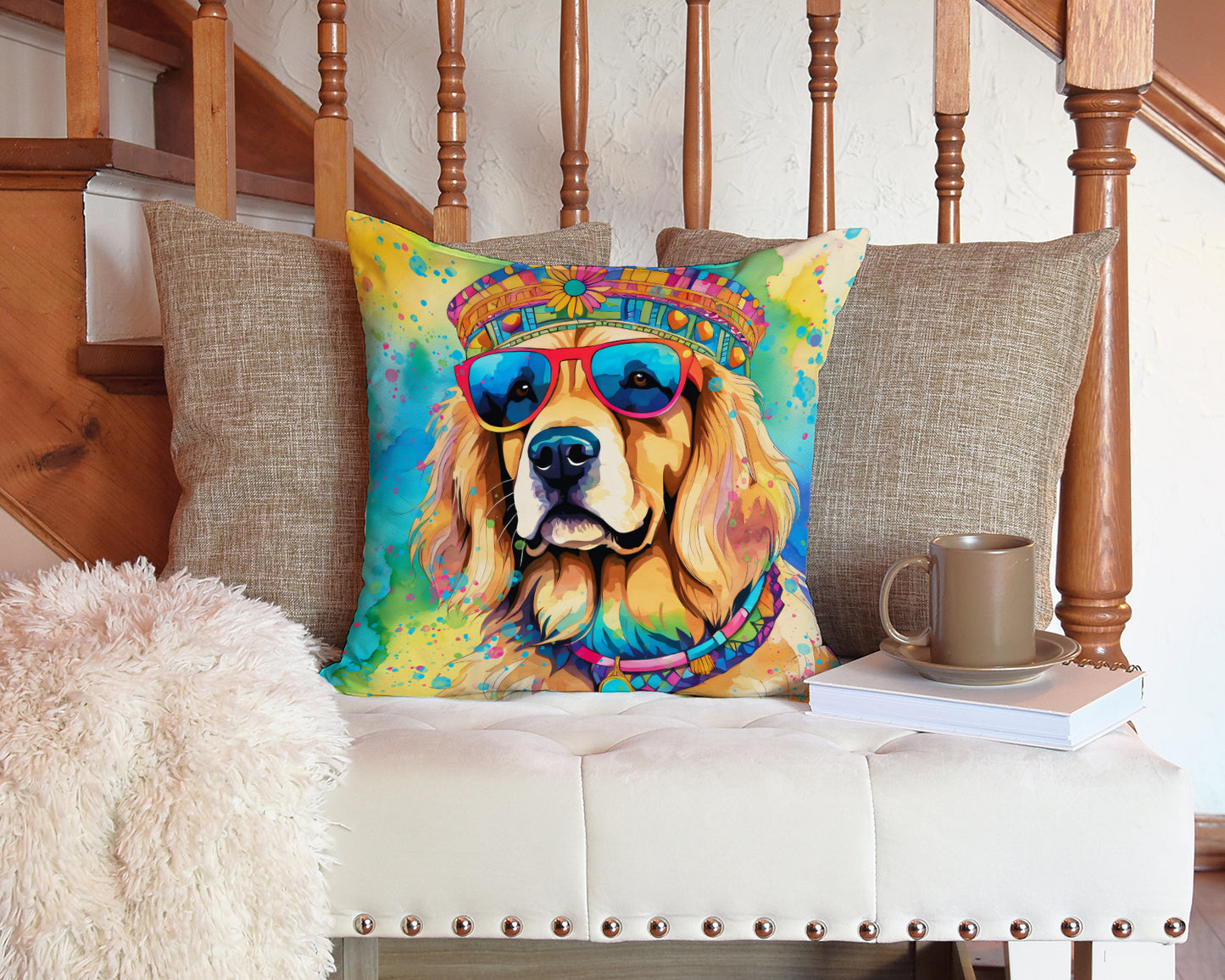 Golden Retriever Hippie Dawg Throw Pillow