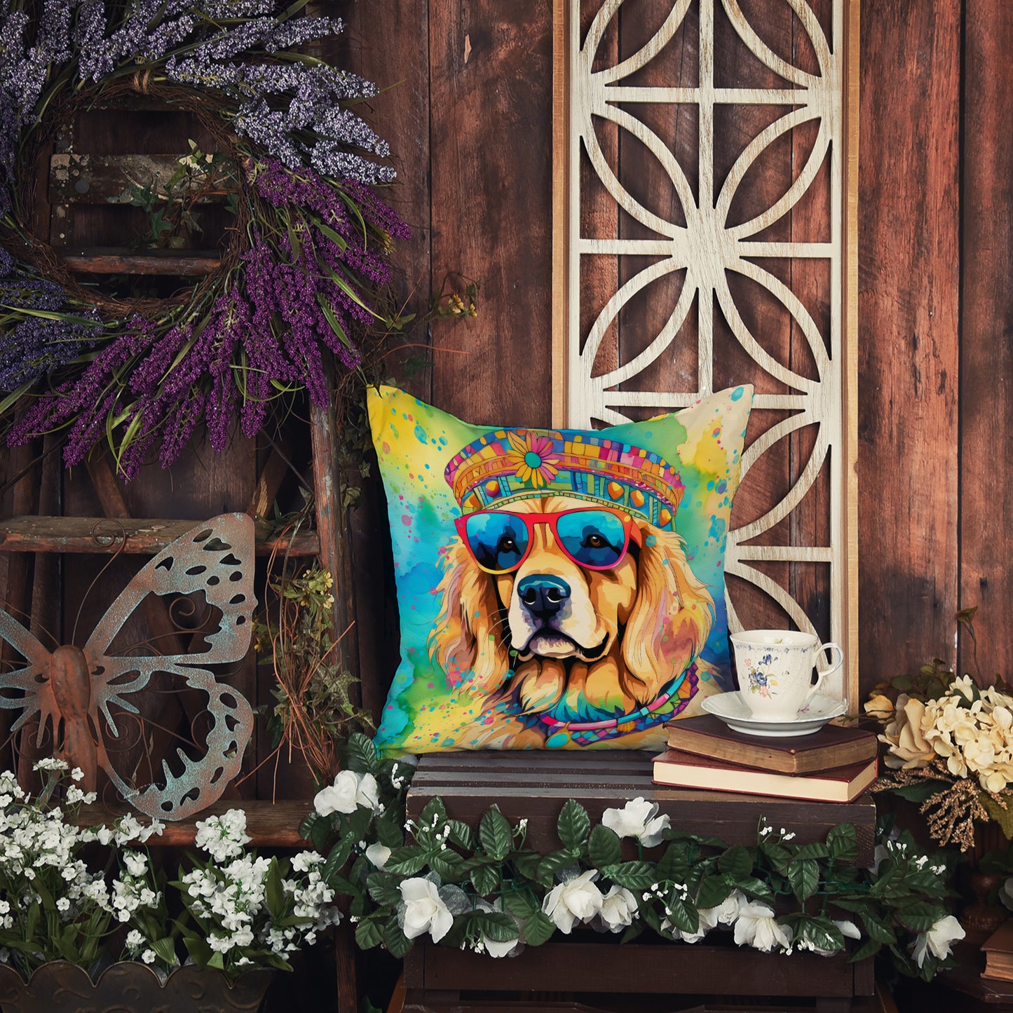 Golden Retriever Hippie Dawg Throw Pillow